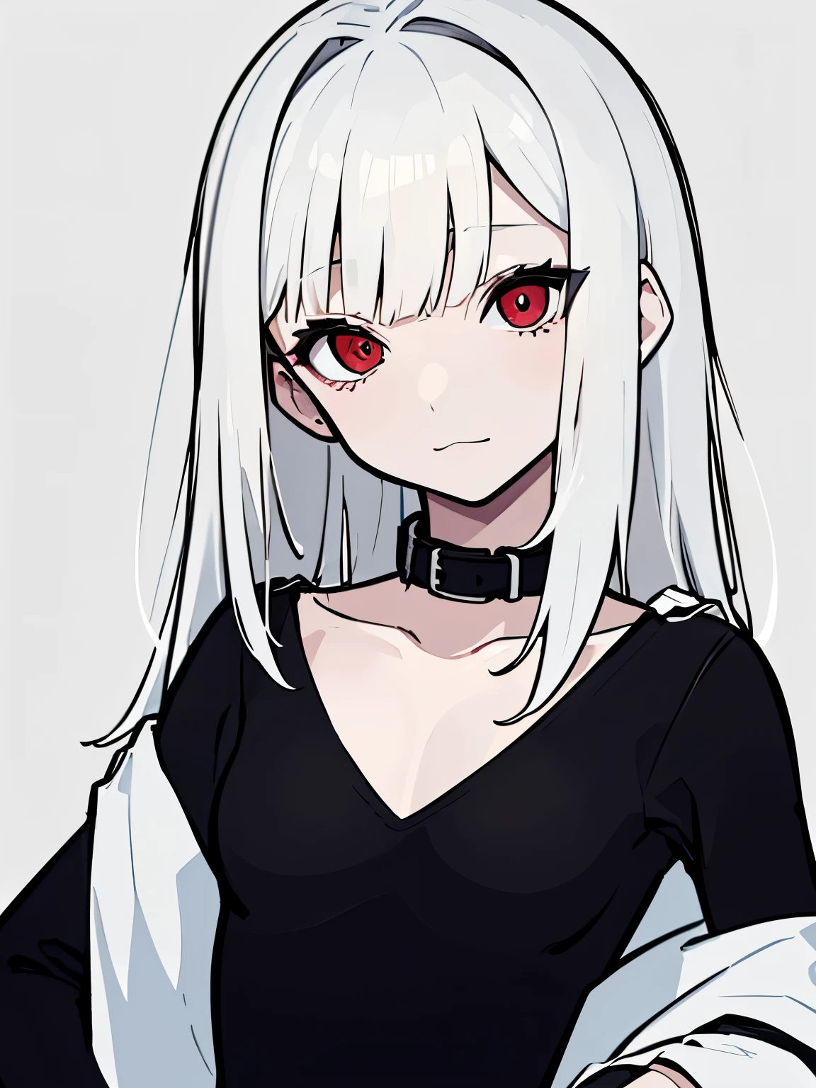 (Black and white background),((Black and white portrait)),(Black and white paintinonochrome background,((Black and whiyle of painting)),(empty background),((Flat chest)),(Front Portrait), (Black and whature Women),((Microthorax)),(High cold),Hey, hey, smile,monochrome, blank stare, dead fish eyes, cool beauty,half lidded eyes, indifferent expression, black and white portrait, bored, impassive, loner,(Alone),Wispy bangs,Textured straight,Above the waist,((White Hair)),(Red Pupil),((White Shawl-Collar Dress)),Wispy bangs