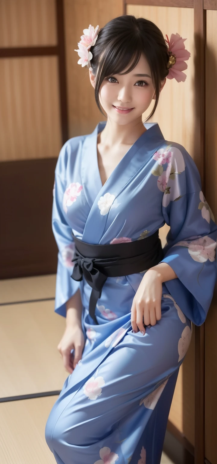 muste piece, best quality, Super detailed, fine details, High resolution, 8K Dende Wallpaper, perfect dynamic composition, beautiful detailed eyes, (Shiny yukata、hair ornaments:1.2)、Woman in yukata、Make both ears look beautiful、Makes your collarbone look beautiful。、short hair、natural color lip, pose of temptation,shy smile,night、Japanese style room、Japanese style roomに座っている、28-year-old girl、cute type、looking at camera、seducing, thin waist、small beautiful butt、Expression of seduction、Emphasis on slender、beautiful feet、naughty smile、Sit on tatami mats、The thighs are erotic