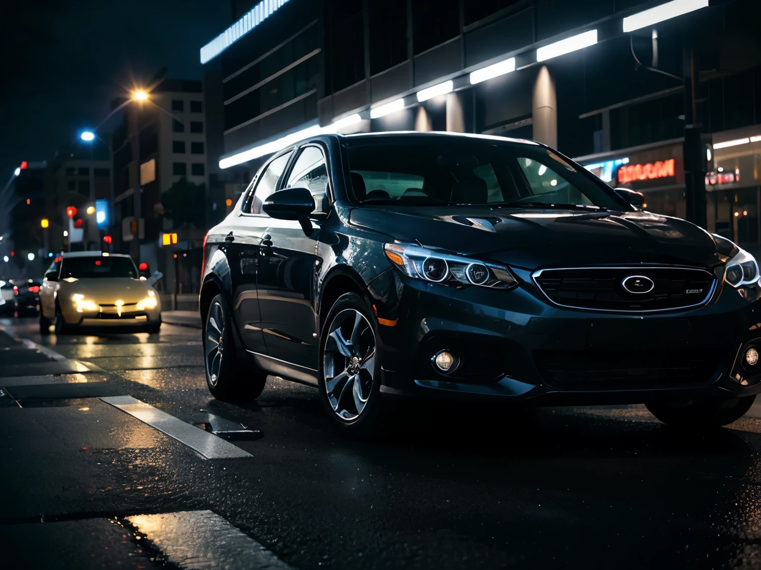 Cars driving on city streets at night, automotive photography, auto photography, vehicle photography, car commercial photograph, V-rays,Car headlight close-up,Cool lighting effects,side angle,Close-up of right headlight