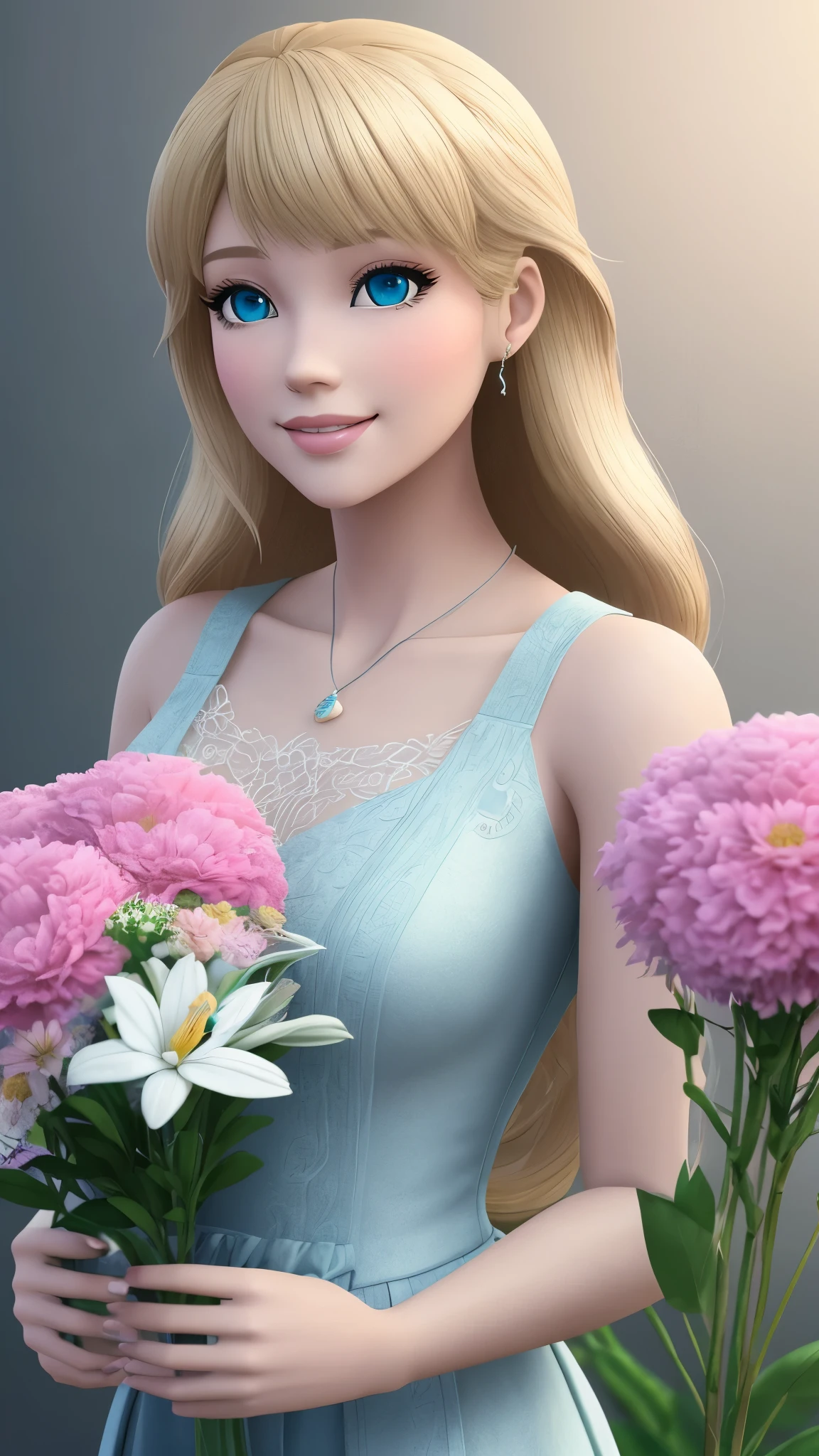 blond Barbie princess with blue eyes，Delicate and beautiful face，cabellos largos dorados，pink back ground，fresh flowerutterflys，adolable，Clean and nice，dream magical，，ssmile，Disney  style，（Bust photo：1.3）8K,Highest high resolution,best qualtiy，offcial art，unreal-engine， depth of fields、（complexdetails：1.3）， hdr， （Ultra-fine drawing：1.15）， （movie picture quality：1.4）， octaneratingrendering，Ultra photo realsisim， insanely details， octaneratingrendering，。.3D, C4D