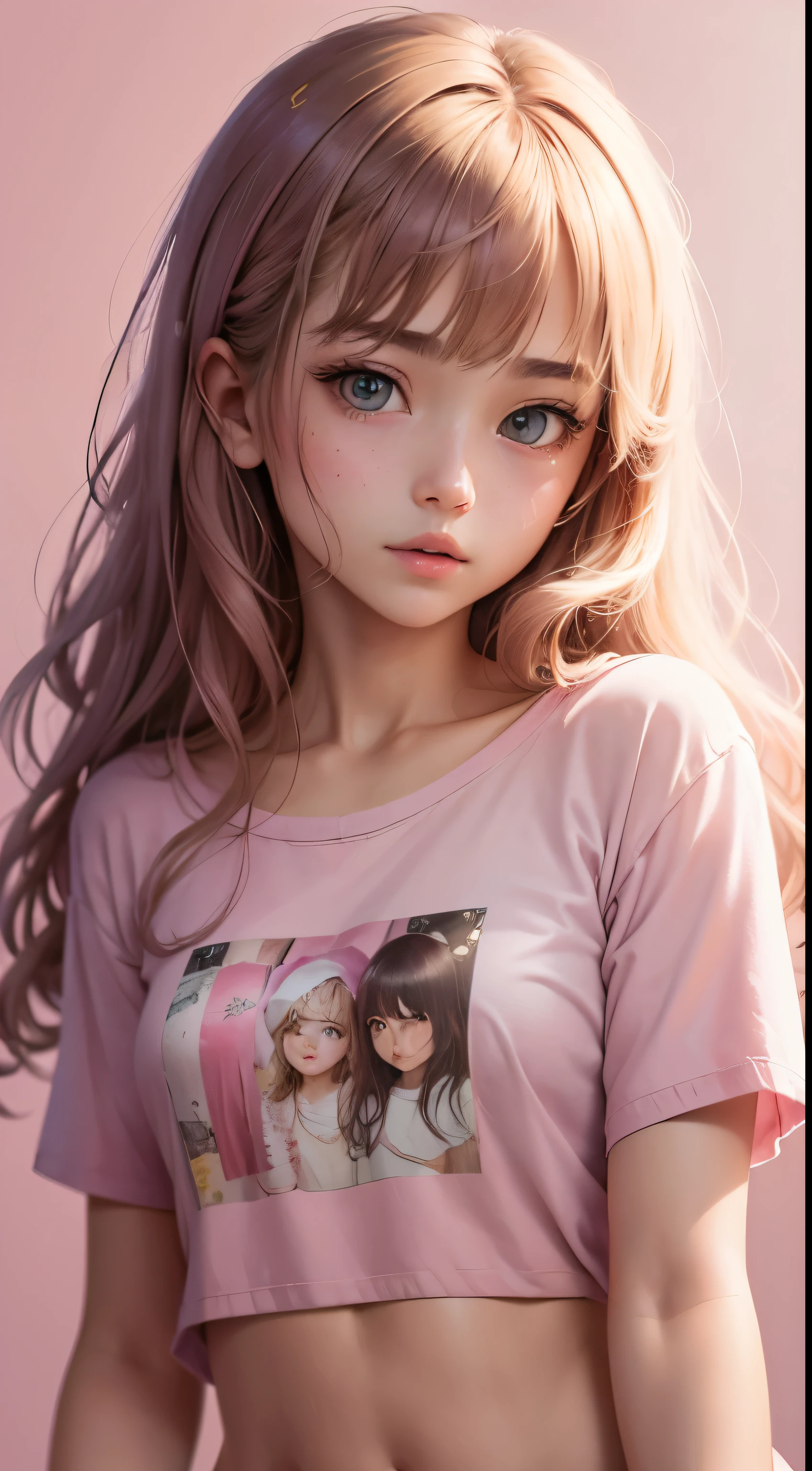 (pieces fly),(highest quality:1.1),(Super detailed),best illustrations,fine details,(portrait photography:1.1),(watercolor painting)fluffy,1 girl,alone,13 years old,slim,(extremely delicate and beautiful face),(detailed beautiful eyes),pink thick lips,(messy hair),(Wearing a pink baggy T-shirt),Soft and lazy,(simple background:1.2)All-color backgrounds,clear parts,In 4K,naked,full shot,全nakedやん,