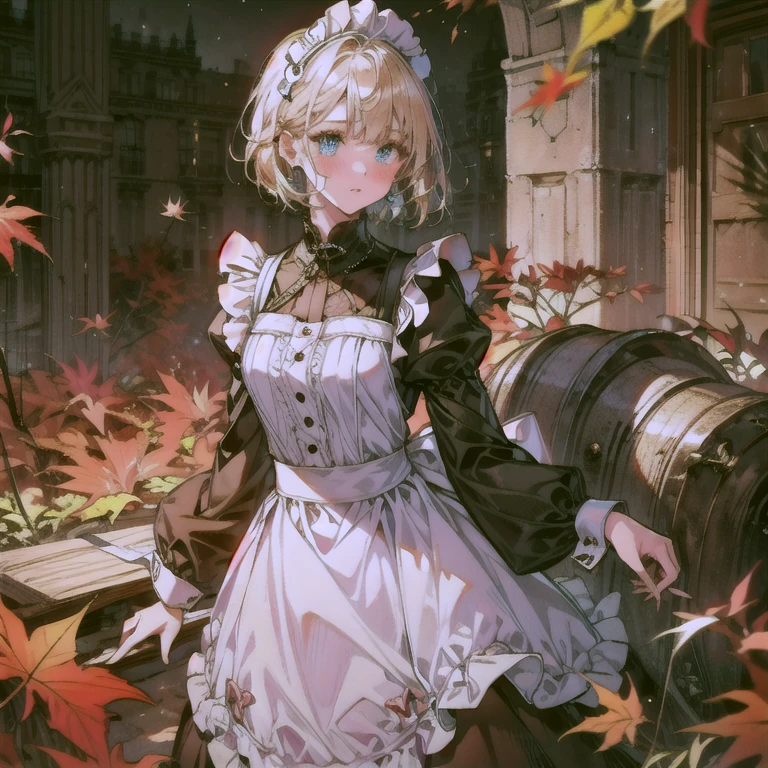 1girl, solo, Autumn background, masterpiece, highly detailed, blue eyes, blonde hair, short hair, Rubber Gloss, dress, blush, maid