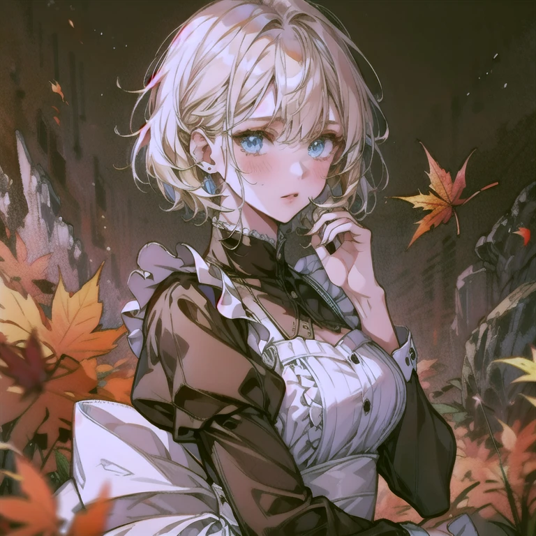 1girl, solo, Autumn background, masterpiece, highly detailed, blue eyes, blonde hair, short hair, Rubber Gloss, dress, blush, maid