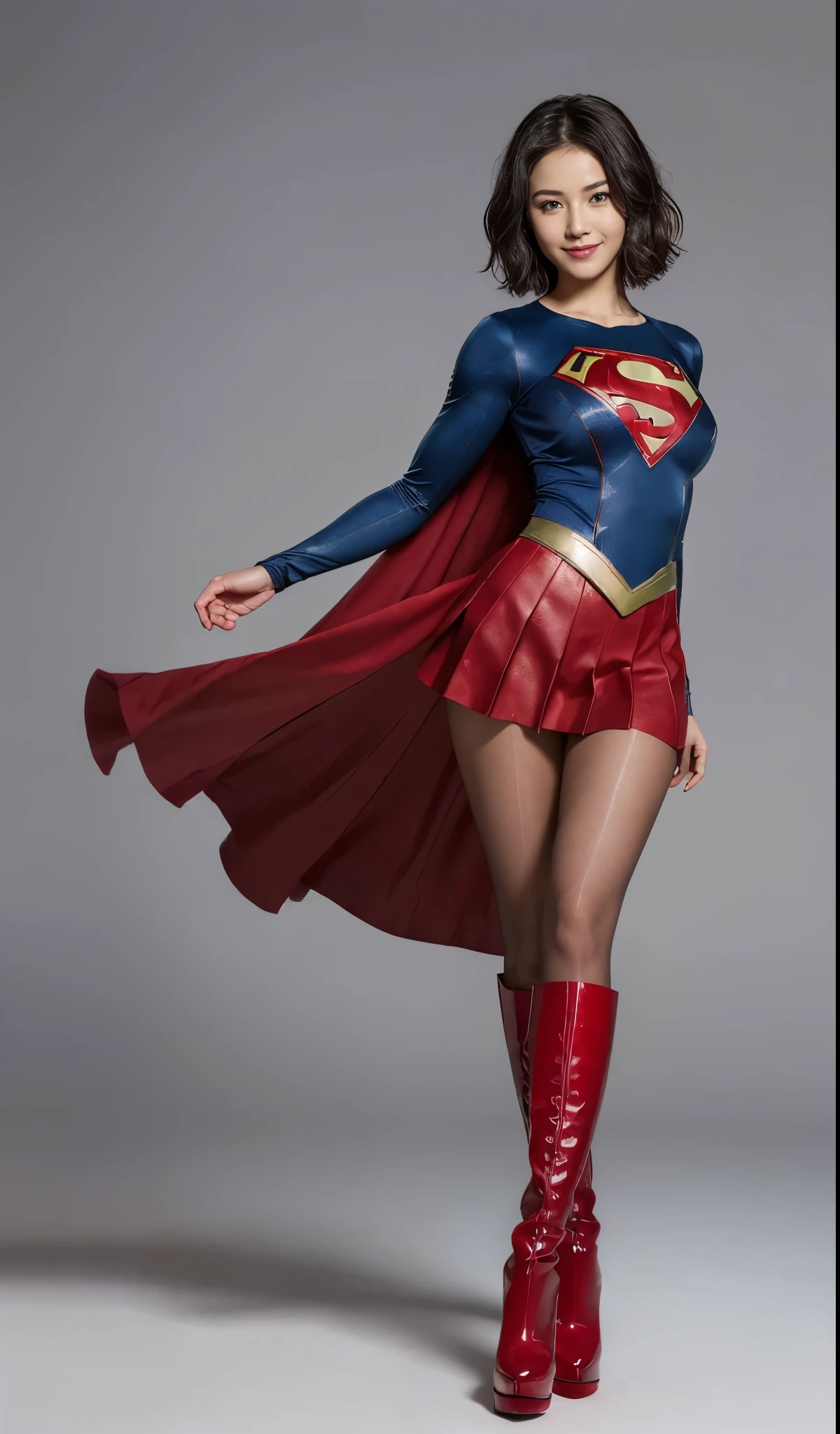 distressed look、My crotch hurts、suffering、Done、defeated、Defeated by enemies、(((Wear black tights on your beautiful legs.)))、(((Legal expression of the beauty of a smile)))、((((Make the most of the original image)))、(((Supergirl Costume)))、(((Beautiful short hair、hair)))、(((suffering)))、(((Feet must necessarily be worn with black tights)))、(((You need to wear red boots)))、((Highest image quality、8K))、((highest quality、8K、masterpiece:1.3))、(((keep background )))、clear focus:1.2、beautiful woman with perfect figure:1.4、thin abs:1.2、wet body:1.5、Highly detailed face and skin texture、8K