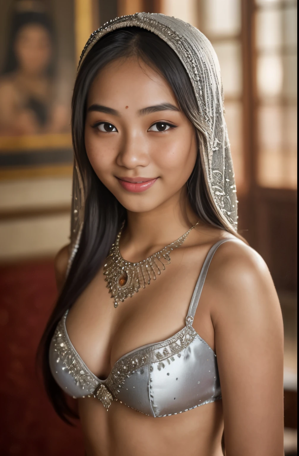 2girls, silver bellydancer, cleavage, two beautiful teen javanese and chinese girls with hijab and few soft freckles, mole below eyes, detail skin texture, smile, , dramatic light , Rembrandt lighting scheme, (hyperrealism:1.2), (8K UHD:1.2), (photorealistic:1.2), shot with Canon EOS 5D Mark IV, detailed face, detailed skin texture, 35mm, over-the-shoulder shot,cool-toned color grading, Deep Focus cinematography effect, Natural Lighting, high quality, ultra detail, 8k resolution,
