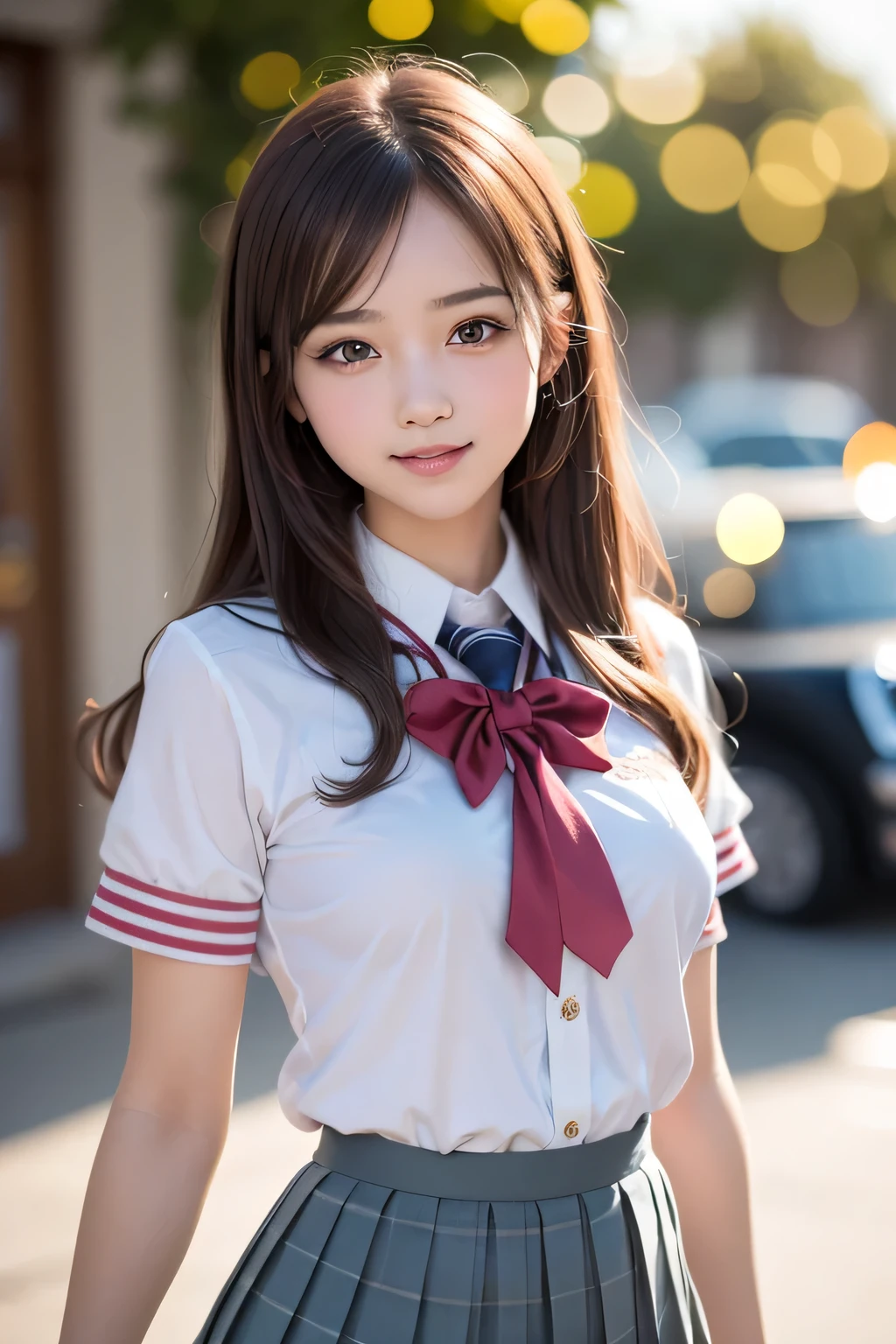 (2 girls brown hair, wonderful face and eyes, smile、small breasts、pink eyes, (high school uniform:1.2), Beautiful small breasts, (amazingly beautiful girl), brown hair, (high school uniform, pleated mini skirt:1.5), ((highest quality)), (Super detailed), (very detailedCG統一8k壁紙), very detailed, High resolution RAW color photos, professional photography, (((Bokeh))), written boundary depth,