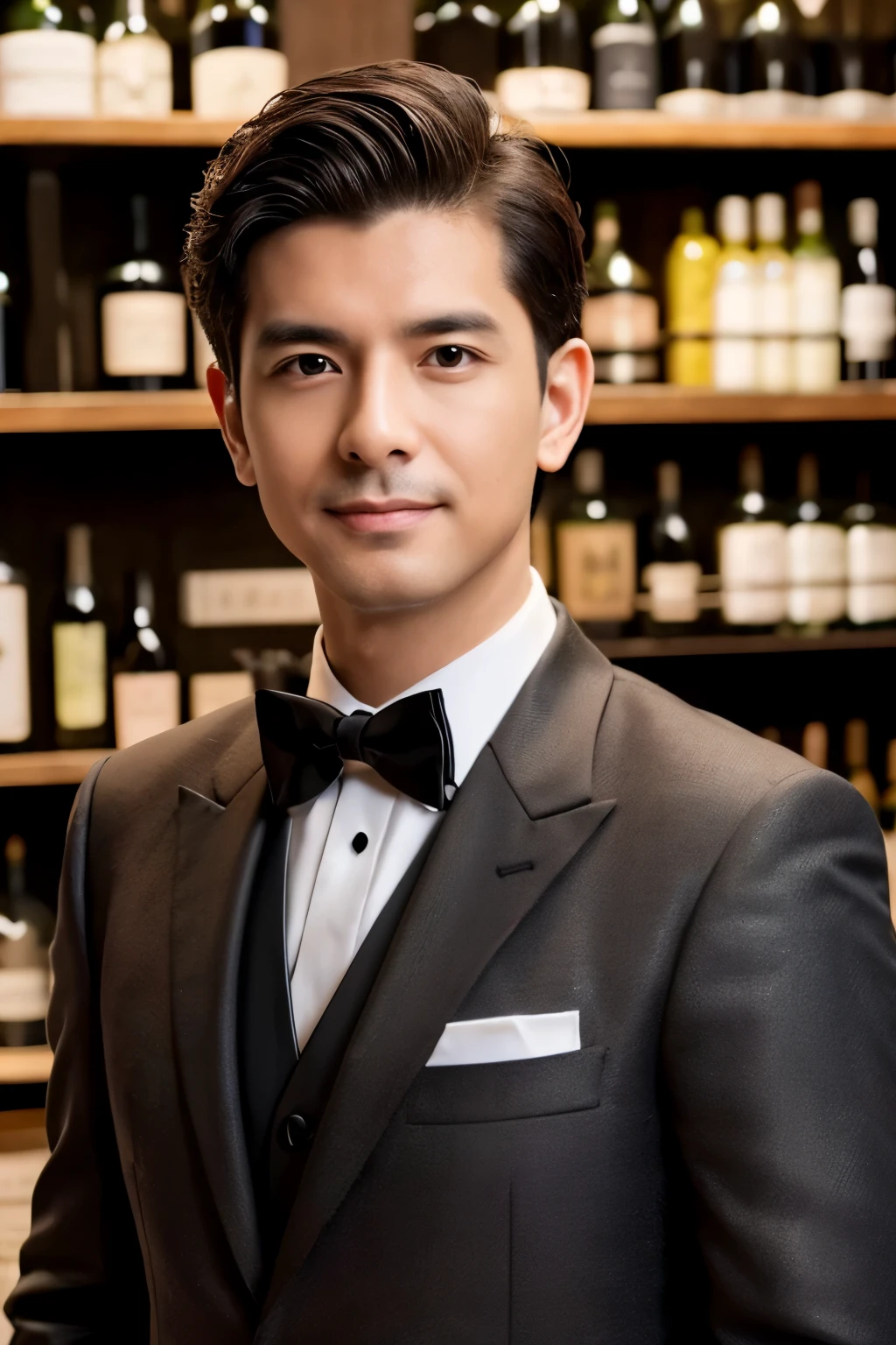 Gorgeous man in tuxedo ,sommelier, short gray hair, sexy male executive, Terno Preto, sommelier badge shining on chest, wine cellar in background