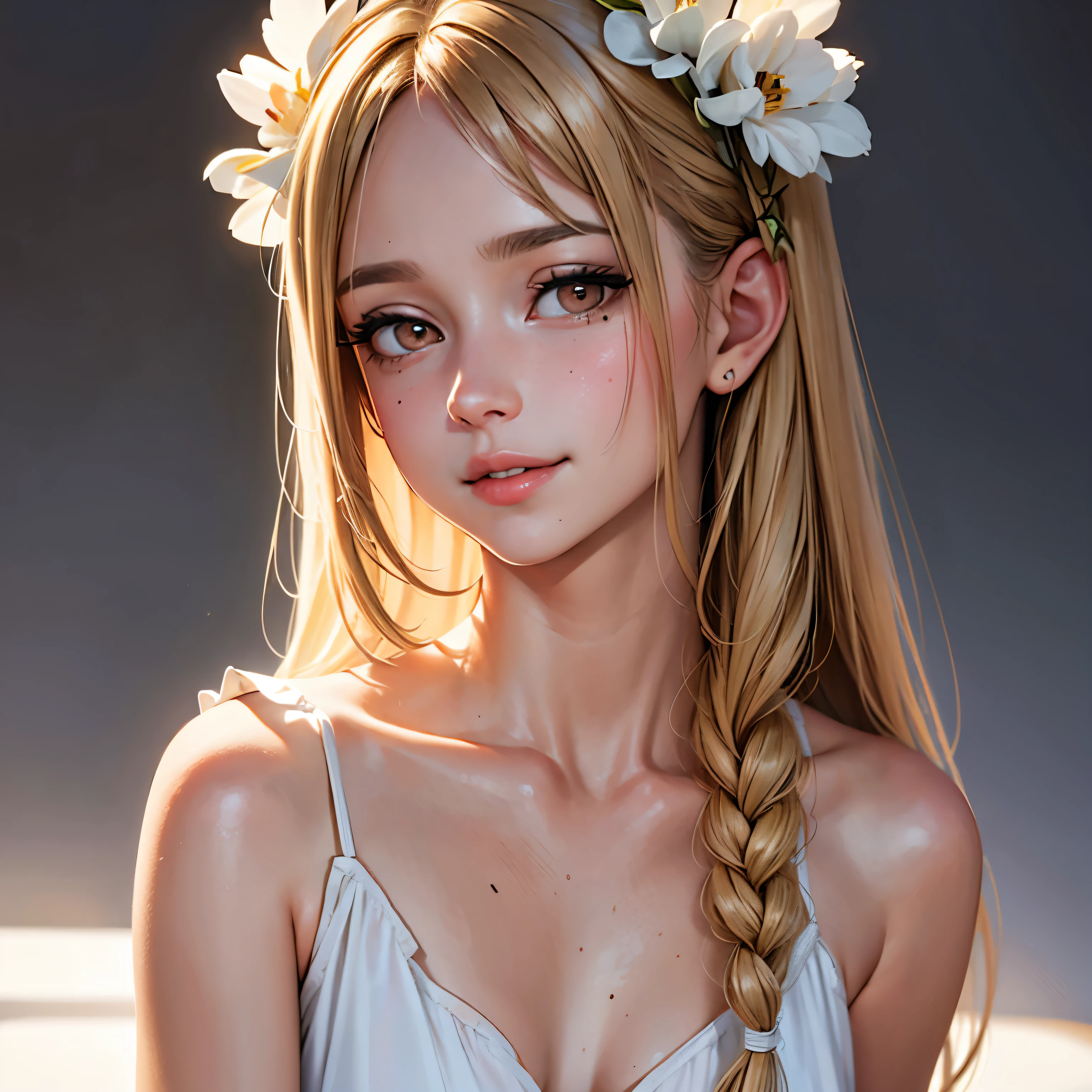 masterpiece, highest quality,In-person audience, upper body whole body,middle-aged women,Attitude of the Greek goddess, Melon Seed Face, ((long eyes)), mole under eye,Brown eyeballs, thin lips, blonde, very long hair, smile with your mouth closed,40 year old mature woman, self - portrait, simple background,white dress,