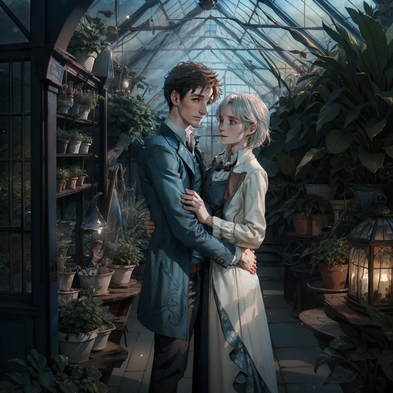 Eddie Redmayne Newt scamander from fantastic animals hugging a white middle haired girl, Romantic couple happy, in a greenhouse, (girl must have blue clothes), anatomy correct, Delicate pattern，Ink painting style, Clean colors, Soft lighting, (Bokeh)，Masterpiece, Super detailed, Epic composition, Highest quality, 8K.