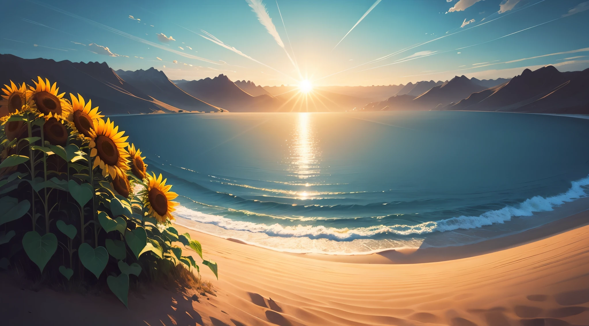 Sunflower, incident sunlight, blue sky, illustration, beautiful landscape, sharp focus, digital art, abstract art, mdjrny-v4 style, dunes, ocean