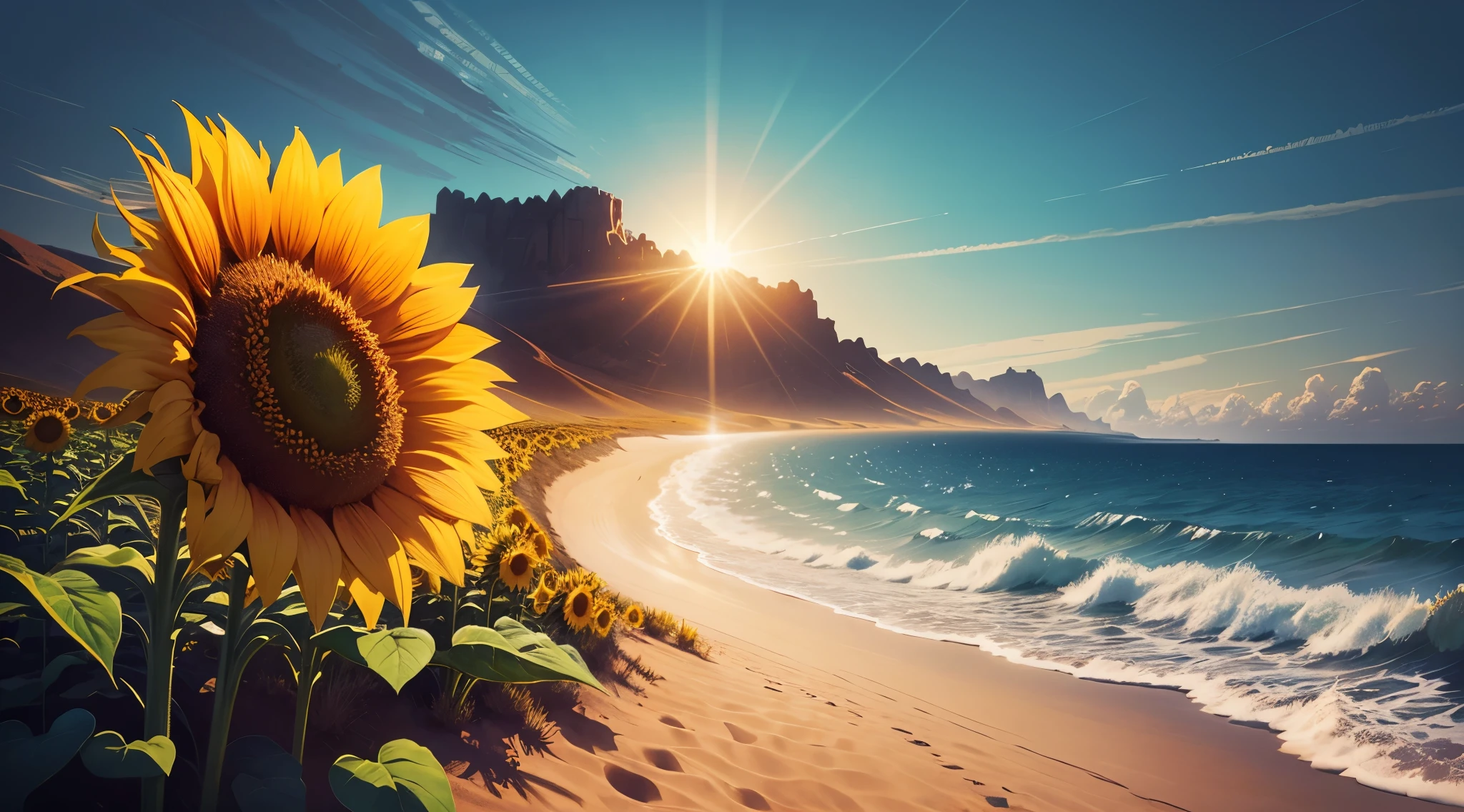 Sunflower, incident sunlight, blue sky, illustration, beautiful landscape, sharp focus, digital art, abstract art, mdjrny-v4 style, dunes, ocean 