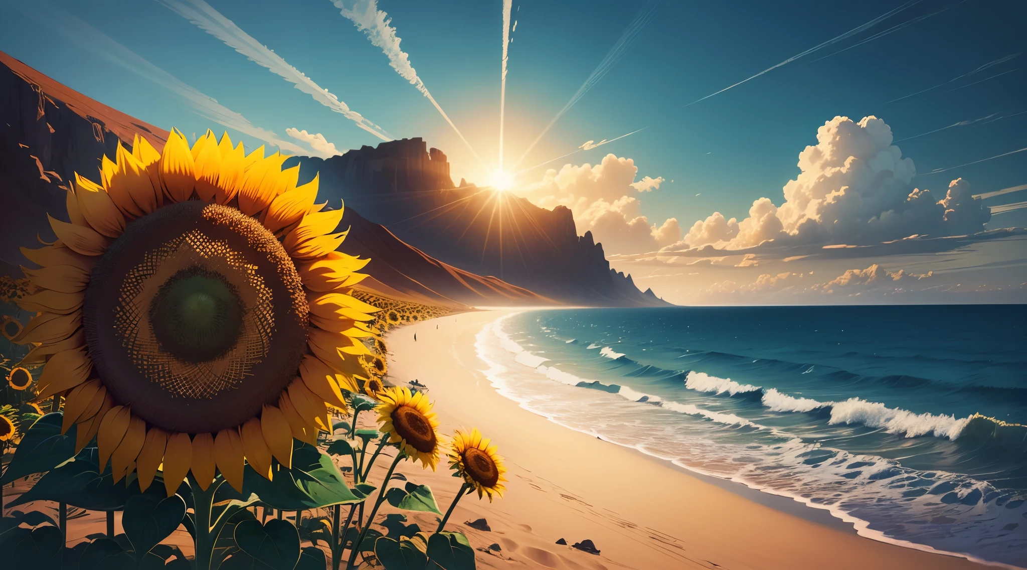 Sunflower, incident sunlight, blue sky, illustration, beautiful landscape, sharp focus, digital art, abstract art, mdjrny-v4 style, dunes, ocean 