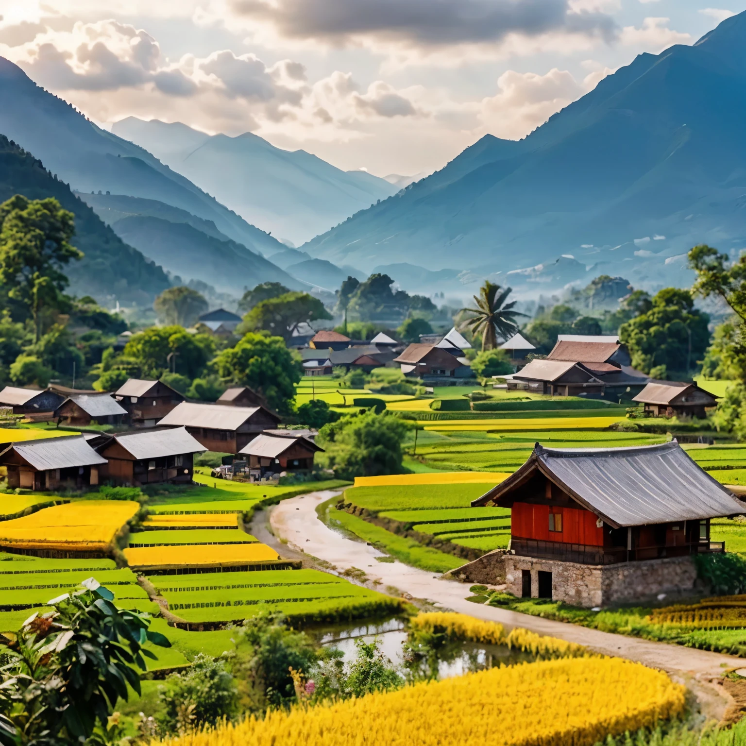 rice farm and traditional house with mountain views