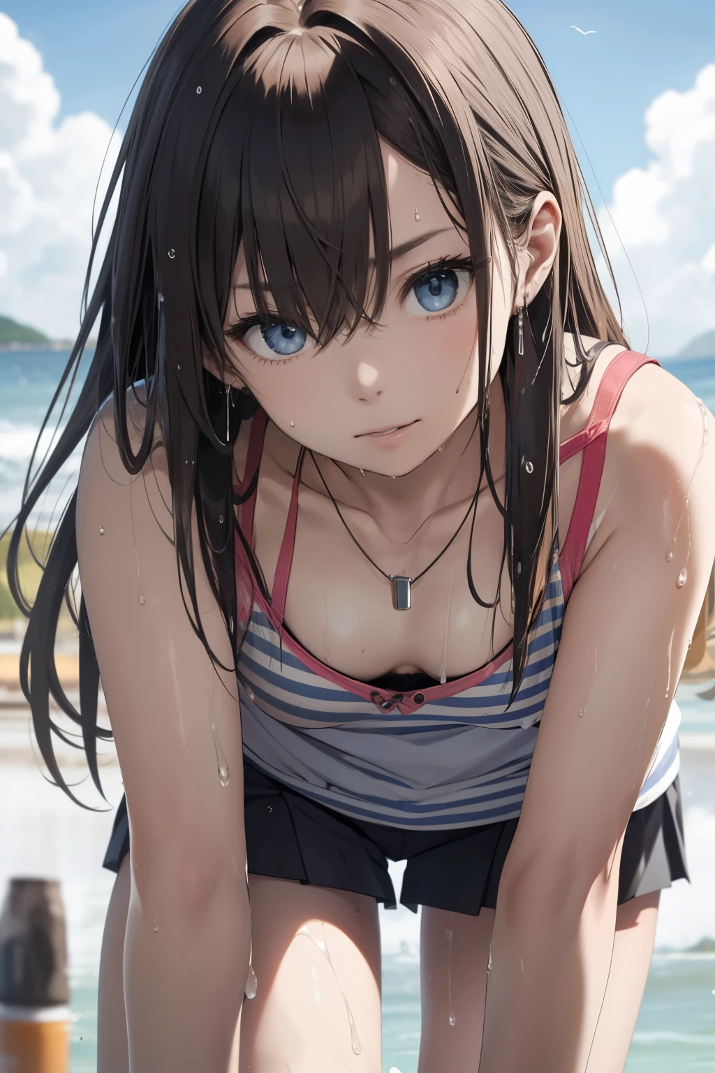 The upper part of the body、an oil painting、masterpiece、top-quality、hight resolution、Orange long hair、Orange long hair、shores、Naughty look、White and gray stripes々bra very、White and gray stripes々Pantieending legemale face、Hot face、A slightly troubled look、sweat-wet skin、blue-sky、Pink tank top、Black miniskirt、bending forward、all-fours、Necklace on the chest
