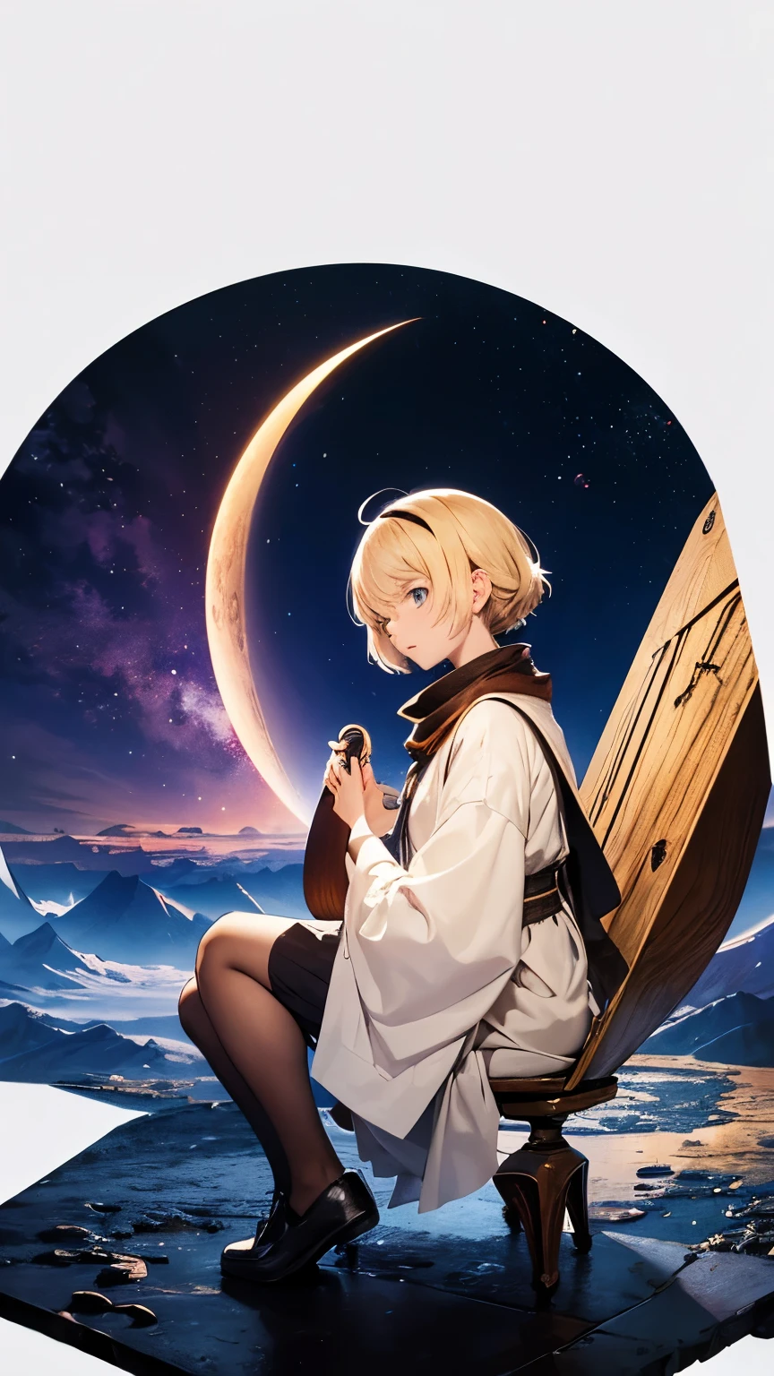 Thomas Crane, Edmund Swinglehurst, Surreal Mystery Bizarre Fantastic Fantasy SF, Japanese Anime, Golden Mini Scarf Alice Beautiful Girl Playing with Crescent Moon Jigsaw Puzzle, Outer Space, The Steps of the Moon and the Earth, detailed masterpiece 