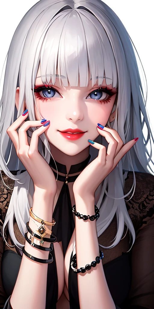 1girl, solo, long hair, looking at viewer, smile, blue eyes, hair ornament, white background, jewelry, white hair, closed mouth, blunt bangs, nail polish, bracelet, lips, grey eyes, portrait, red nails, close-up, red lips, hands on own face, hands on own cheeks,(mature female),(shiny skin),((steaming body))