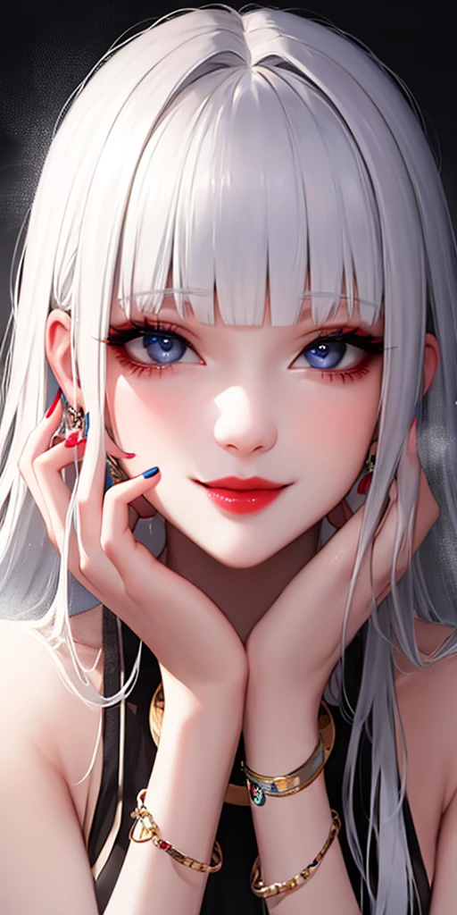 1girl, solo, long hair, looking at viewer, smile, blue eyes, hair ornament, white background, jewelry, white hair, closed mouth, blunt bangs, nail polish, bracelet, lips, grey eyes, portrait, red nails, close-up, red lips, hands on own face, hands on own cheeks,(mature female),(shiny skin),((steaming body))