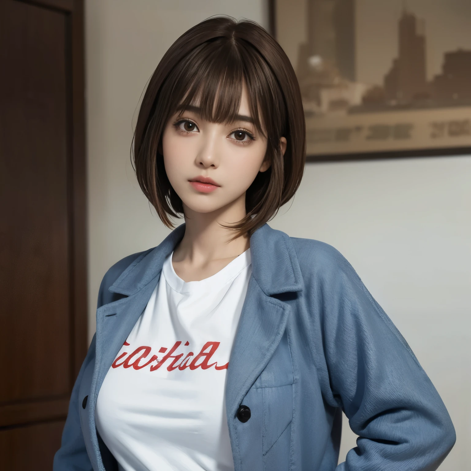 T-shirt, cook coat, , (realistic:1.4), (highest quality:1.0), (ultra high resolution:1.0), 8K, Raw photo, (masterpiece:0.2), , Zaid G, 1 girl, fine skin, looking at the viewer, brown eyes, (short bangs hair:1.2), (big breasts:1.0), (big areola:0.8), , (Pueros face_v1:0.5)