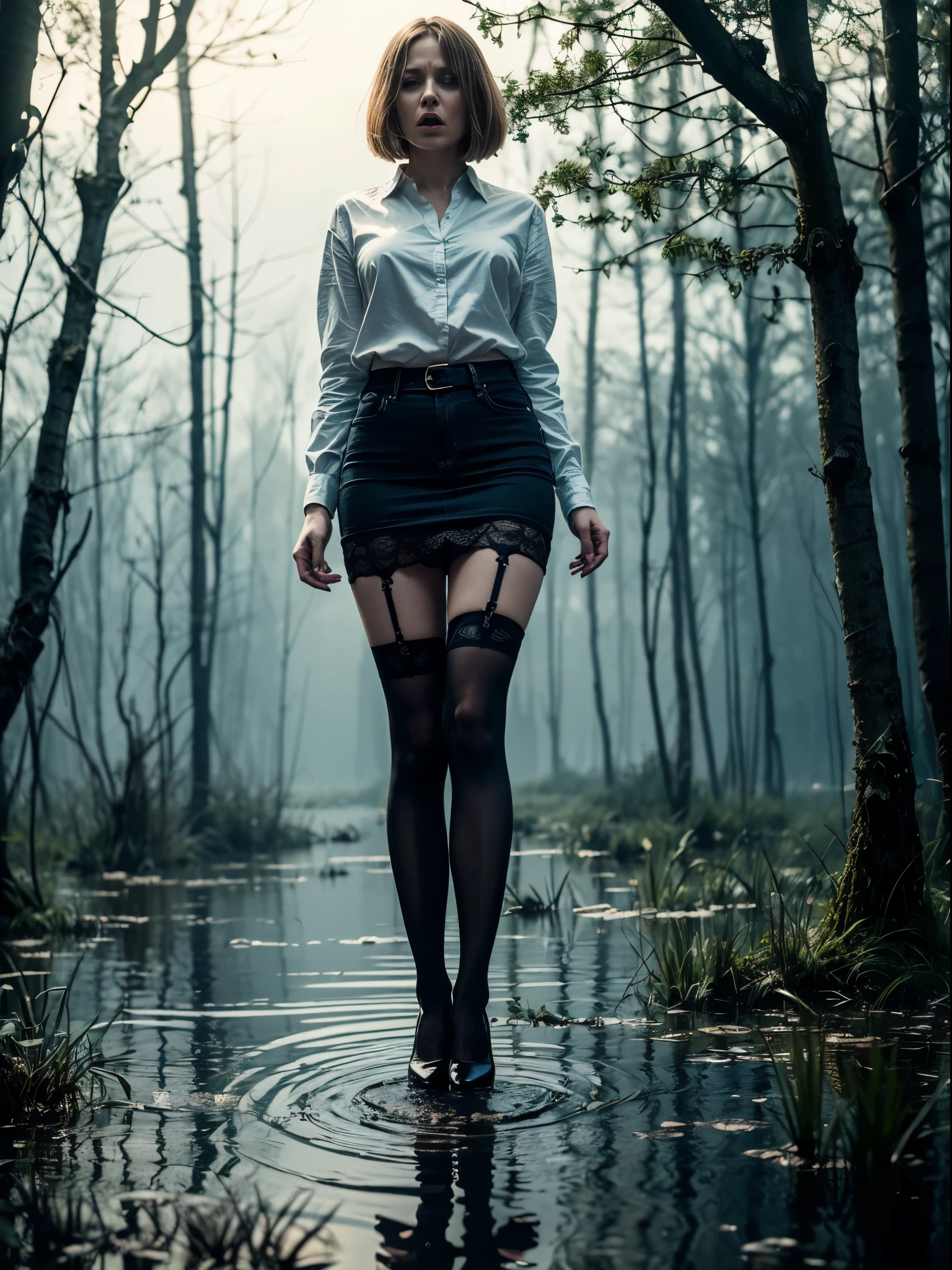 (Best Quality,hight resolution:1.2),Mature Terrorized Woman,,wrinkles,Bob haircut,(jeans skirt:1.05),lace blouse,(lace stockings with garters), standingn, ( drowning in a swamp:1.2),expression of despair,Dark and moody lighting, terror. The pose expresses a somber ecstasy,