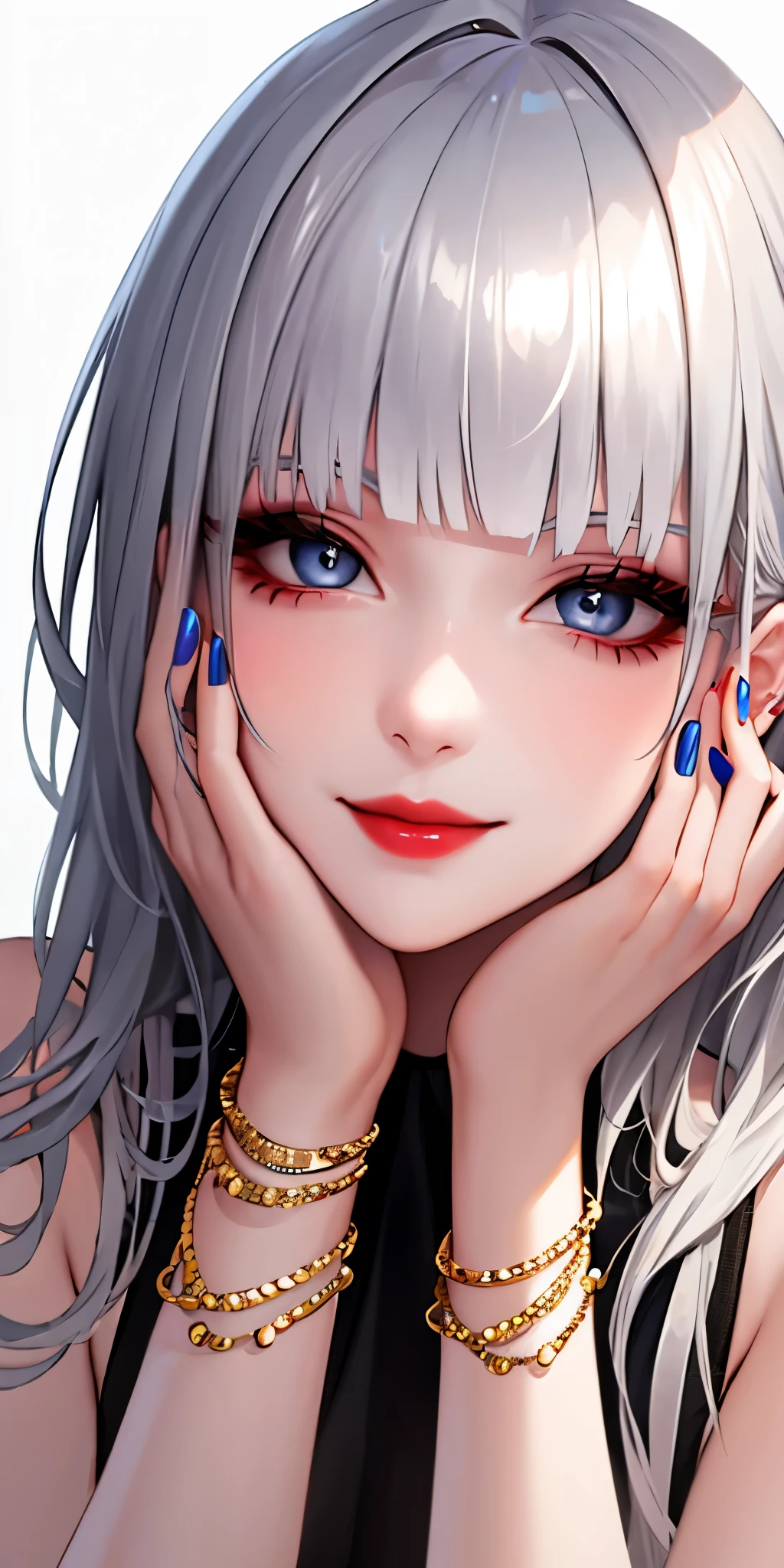 1girl, solo, long hair, looking at viewer, smile, blue eyes, hair ornament, white background, jewelry, white hair, closed mouth, blunt bangs, nail polish, bracelet, lips, grey eyes, portrait, red nails, close-up, red lips, hands on own face, hands on own cheeks,(mature female),(shiny skin),((steaming body))