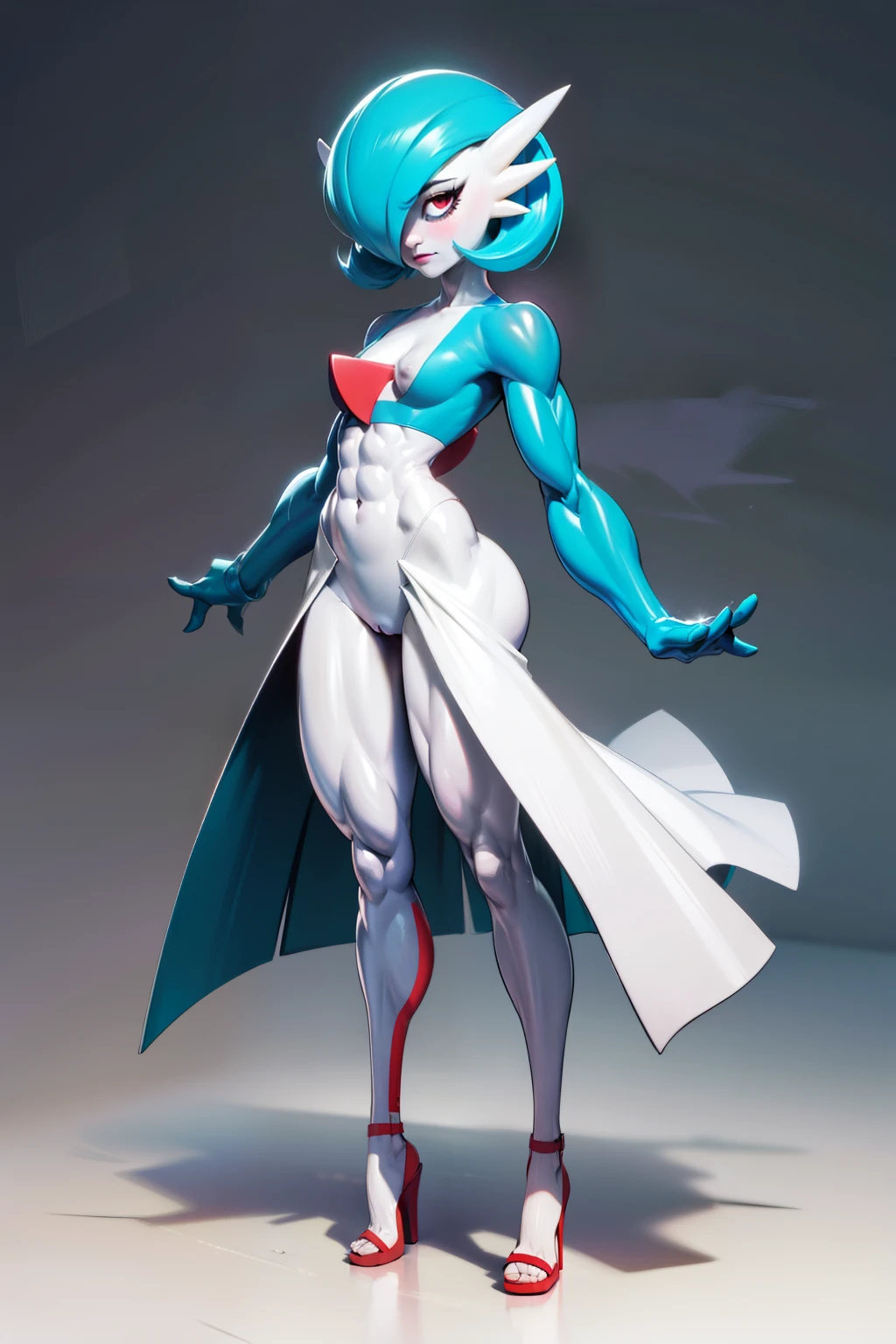 ((full body view)), (Best quality, 8k, 32k, Masterpiece, UHD:1.2),, masterpiece, best_quality, 1girl, ( dress), solo, (gardevoir), creatures \(company\), game , nintendo, pokemon, pokemon \(game\), bangs, colored skin, female focus, gen pokemon, (muscular legs), teal hair, teal skin, hair over one eye, slendered abs, multicolored skin, pokemon \(creature\), red eyes, short hair, two-tone skin, white skin, (drunk.8)