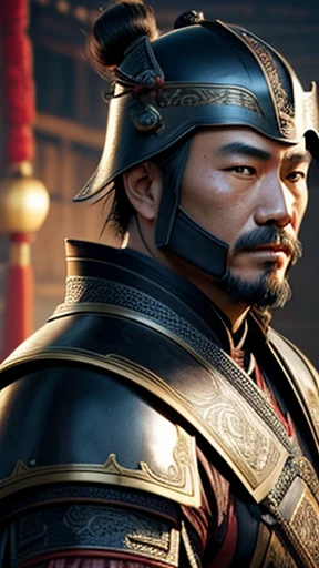 oriental、man in ancient chinese armor、Ancient Chinese man wearing a leather helmet、three kingdom、multiple warlords、highest quality、masterpiece、Super high resolution、(photorealistic:1.4)、Game Posters、Clear and beautiful image quality、