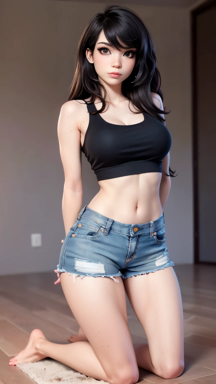 photo of Emiru, RAW, beautiful woman, ((portrait)), ((detailed face:1.2)), ((detailed facial feature, detailed skin, clear skin), (perfect proportioned body), Kneeling on floor, arms behind back:1.7), (wearing a small tank top & short jean shorts:1.1), (high detailed city environment, apartment balcony), (realistic photo, best quality, detailed), (8k wallpaper), (cinematic lighting, dramatic lighting) (sharp focus, intricate)