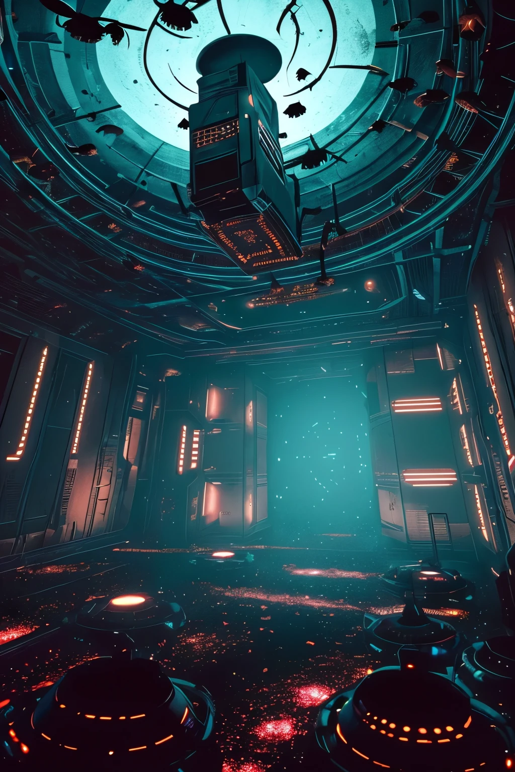 a Sci fi Horror haunted Space ship grotesque Interior Dead Space's chilling ambiance, with flickering lights, ominous shadows, has become a hive of swarm infestation. Long Exposure, 8K, Ultra-HD, Natural Lighting, Spooky Moody Lighting, Cinematic Lighting