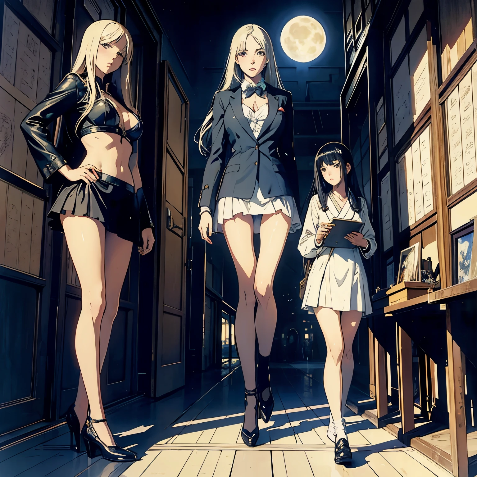 Robert McCall, Paul Delvaux, Surreal, mysterious, strange, fantastical, fantasy, Sci-fi, Japanese anime, Metatron, entropic miniskirt beautiful girl, perfect body, astrology, detailed masterpiece