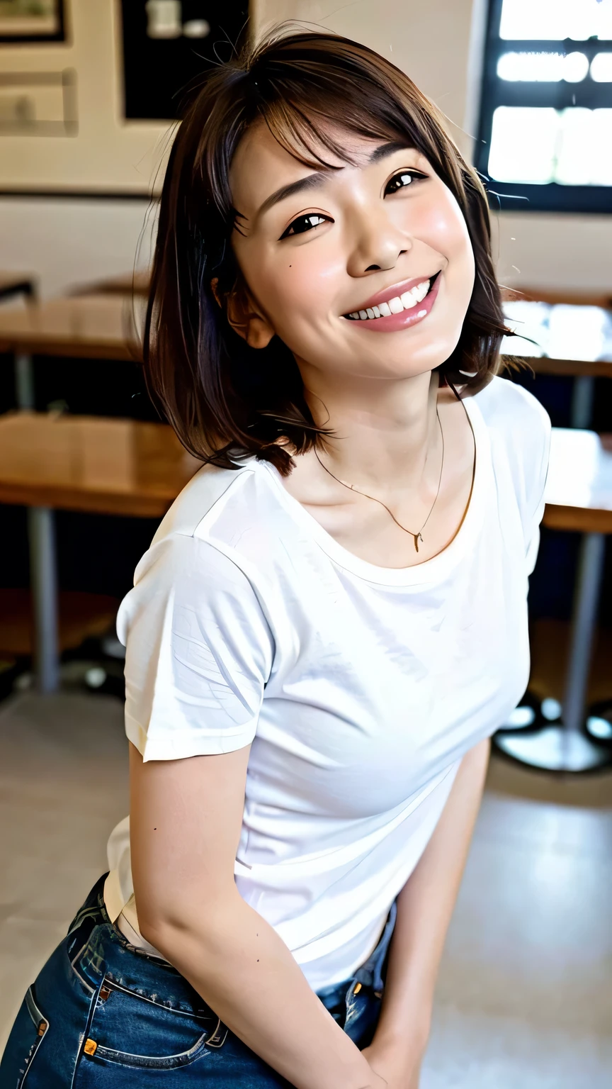 (Best quality, 8k, 32k, Masterpiece, UHD: 1.2), Cute Japanese woman photo, 1girl, brown short hair, big breasts, (Detailed white loose T-shirt: 1.2), Denim pants, Necklace, (No bra: 1.1), (leaning forward: 1.8), looking at the viewer, gonzo, looking down, across the table, (places hand on table: 1.1), smiling, in cafe, upper body, crawling on all fours, (from below: 1.5) ,
