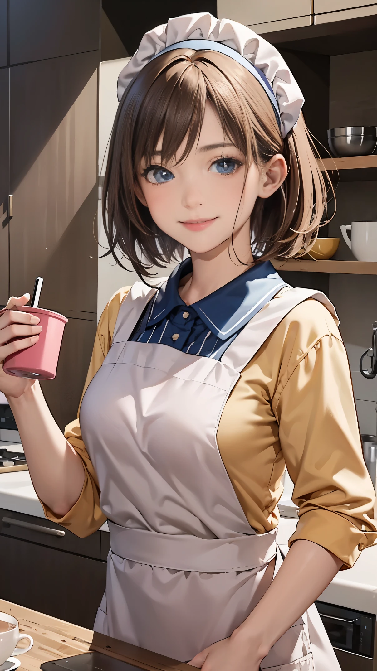 ((best quality)), ((highly detailed)), masterpiece, absurdres, extremely detailed face, beautiful face, (detailed eyes, deep eyes), (1girl), upper body, cookingmama, brown hair, short hair, brown eyes, medium breasts, pink bandana, smiling, (yellow apron), long apron, maxi apron, white collared shirt, sleeves rolled up, blue pants, slippers, white footwear, , indoors, in a kitchen, tea and a coffe in a table