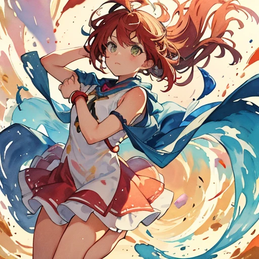 Jump Demekin Girl、Torn clothes are scattered around、unstable watercolor buoyant sandstorm、amazing dynamism、great angle、A cloth covered in numerous watercolors chases you、Watercolor paint too long friend carp