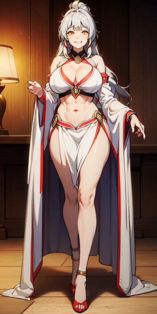1girl full body standing, nice ass, Hairstyle with a braid, white colored hair, Yellow eyes, perfect lighting, muscular, thights, Mature woman, mummy, bellybutton, Abs, looks at the viewer (tmasterpiece, hiquality: 1.1) ssmile, Extremely huge breasts, Maternal, porcelain skin, extra very long hair, sparkly skin, good face, chest cover