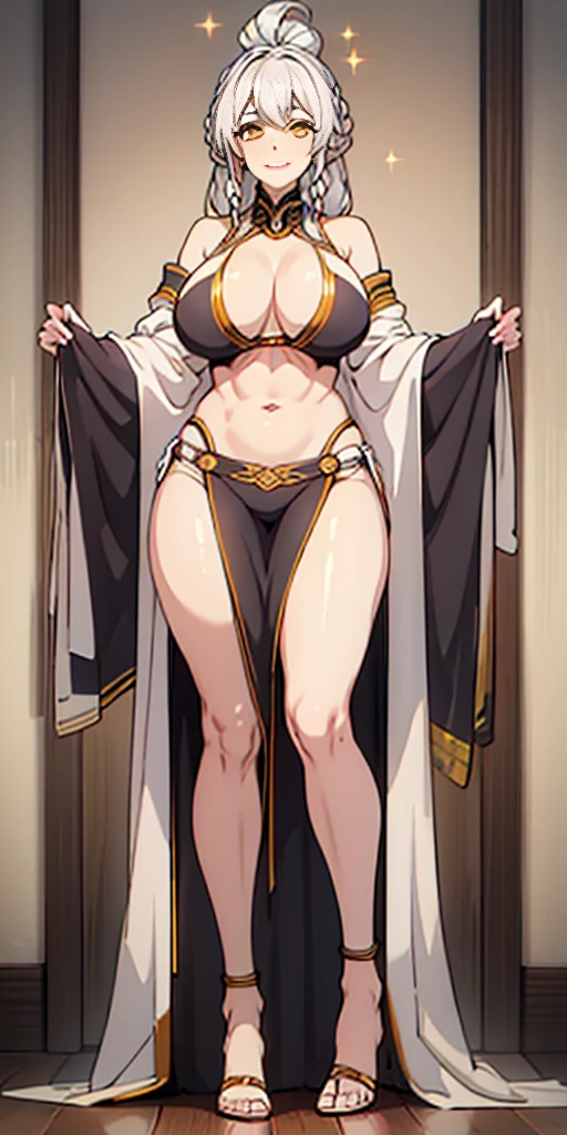 1girl full body standing, nice ass, Hairstyle with a braid, white colored hair, Yellow eyes, perfect lighting, muscular, thights, Mature woman, mummy, bellybutton, Abs, looks at the viewer (tmasterpiece, hiquality: 1.1) ssmile, Extremely huge breasts, Maternal, porcelain skin, extra very long hair, sparkly skin, good face, chest cover