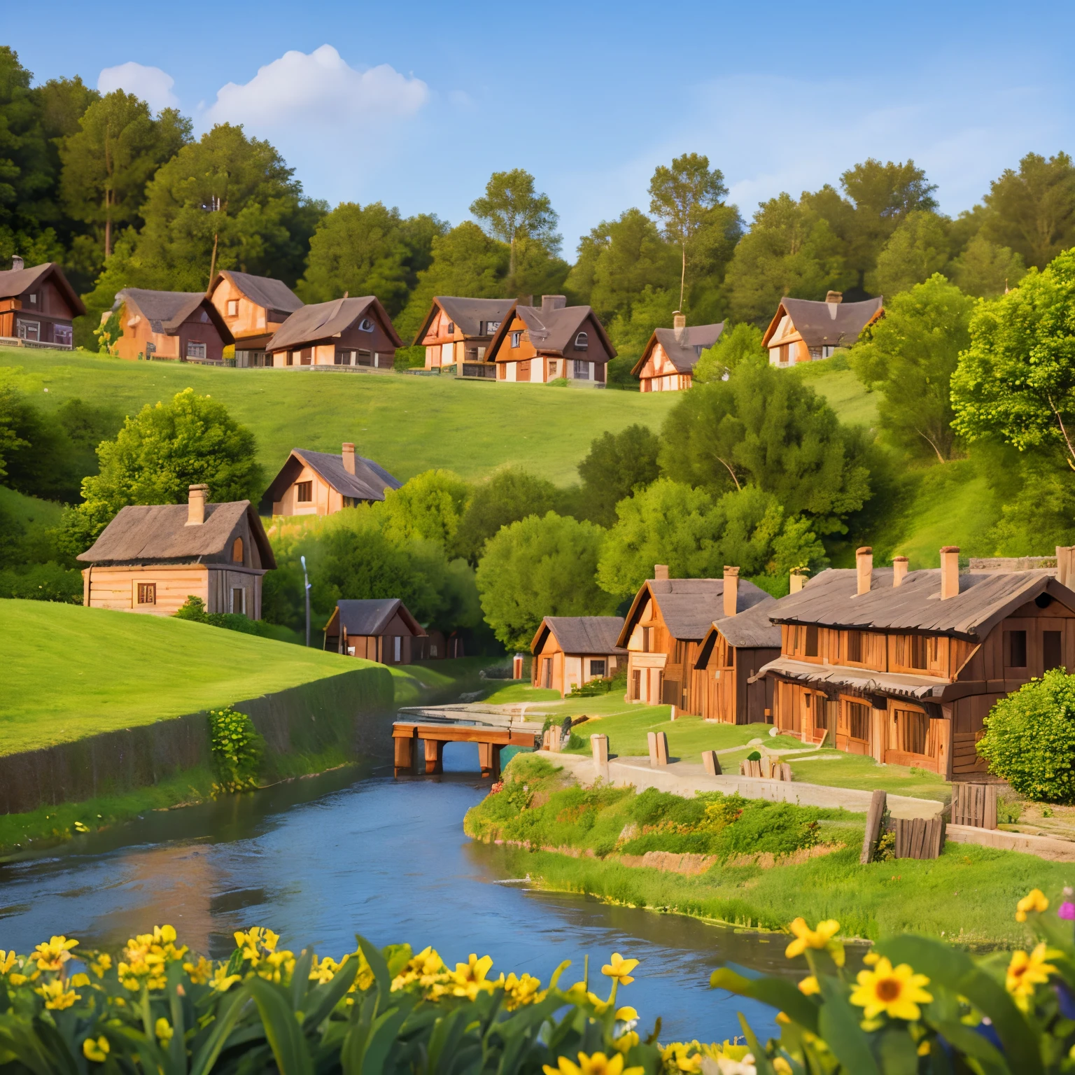 (masterpiece, best quality), medieval village, (village) bathed by a river on the left, forest on the forward and right, wooden houses, forest