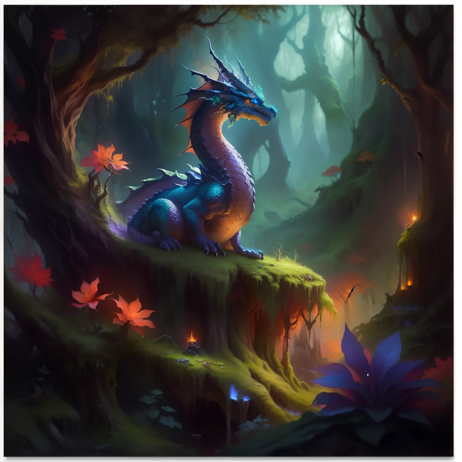 a painting of a dragon sitting on a mossy tree stump in a forest, oil painting of dragon forest, highly detailed fantasy art, detailed fantasy digital art, detailed fantasy art, detailed digital 2d fantasy art, digital 2d fantasy art, dragon art, hd fantasy art, magic fantasy highly detailed, fantasy highly detailed, fantasy artwork, realistic fantasy painting, beautiful detailed fantasy