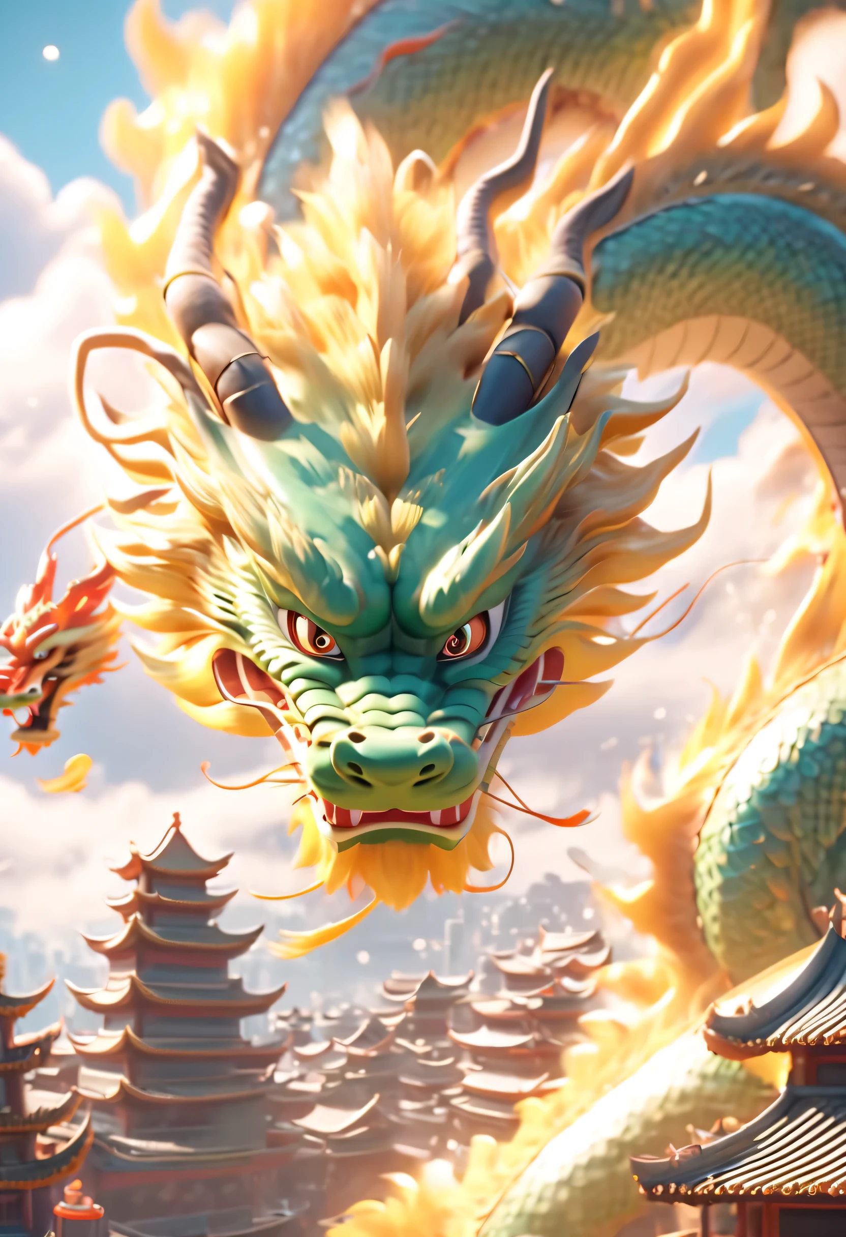 A Chinese dragon, hovering in the white clouds, below is a traditional Chinese city, realistic texture, smooth surface, Pixar style, cartoon characters, soft colors, fine gloss, sunlight exposure, depth of field, 3D rendering, C4D,  best quality, full HD 8K