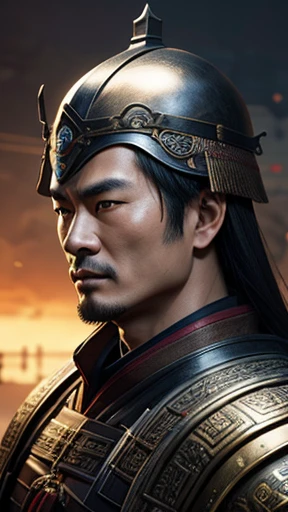 oriental、man in ancient chinese armor、Ancient Chinese man wearing a leather helmet、three kingdom、multiple warlords、highest quality、masterpiece、Super high resolution、(photorealistic:1.4)、Game Posters、Clear and beautiful image quality、