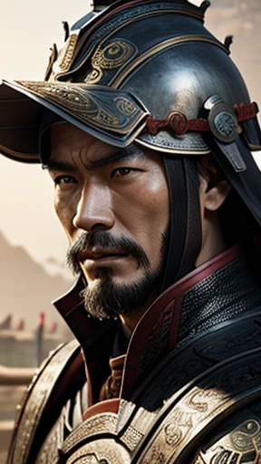 oriental、man in ancient chinese armor、Ancient Chinese man wearing a leather helmet、three kingdom、multiple warlords、highest quality、masterpiece、Super high resolution、(photorealistic:1.4)、Game Posters、Clear and beautiful image quality、