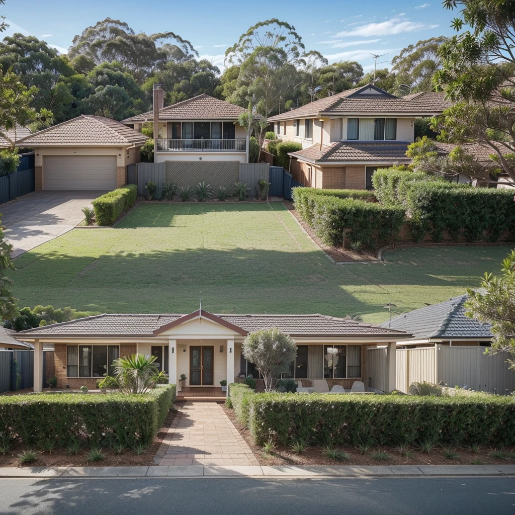 "Generate an image of a suburban Australian home. The house should have a typical Australian architectural style with a pitched roof, brick or weatherboard exterior, and a front yard with a well-maintained garden. The surrounding neighborhood should reflect the characteristics of a typical suburban area in Australia, with tree-lined streets, driveways, and possibly other houses in the background."