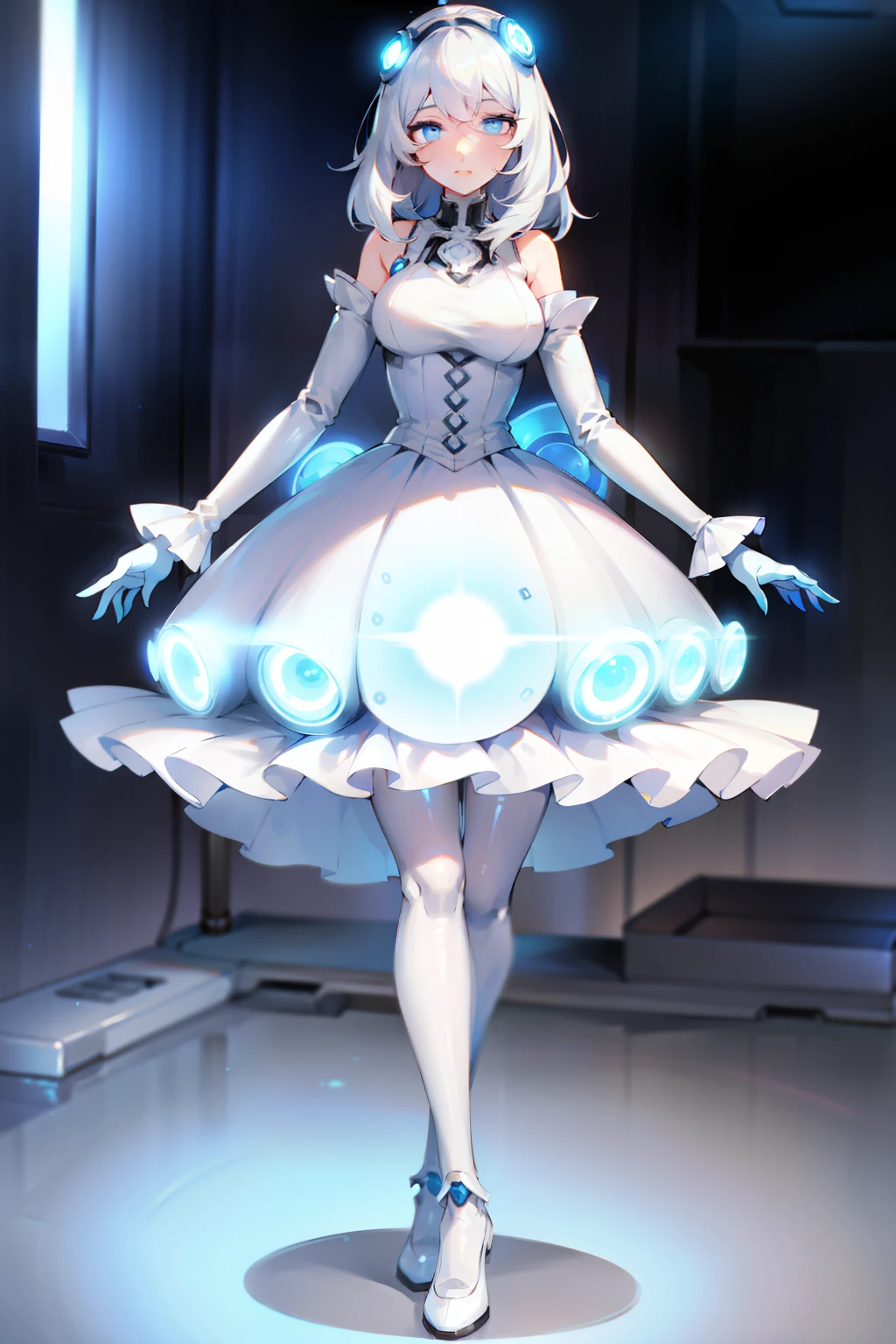 1girl, mass-produced android housewife, display case, White hair, blue eyes, glowing eyes, silver dress, remote-controlled, brainwashed, attention, hollow eyes, full body