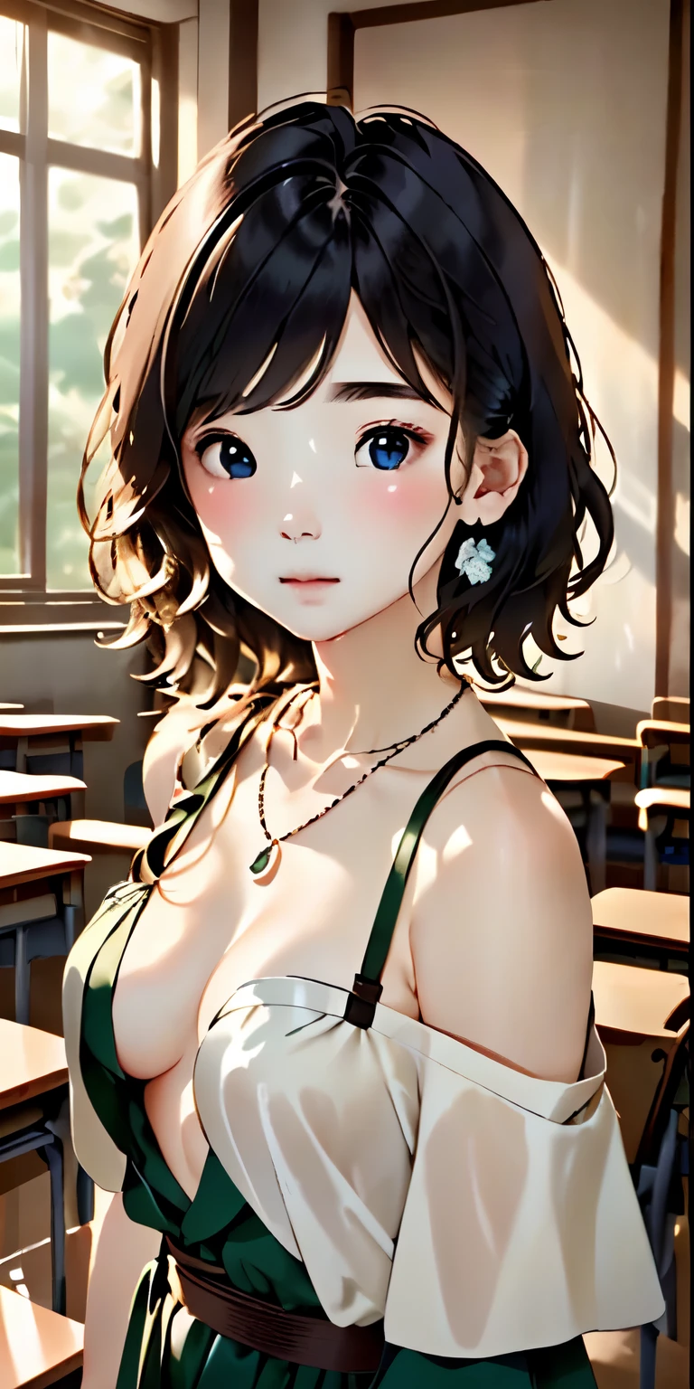 ((beautiful face))、very delicate facial、creamy、masterpiece、1 girl、small breasts、small breasts、small breasts、highest quality、ultra high resolution、(photorealistic:1.4)、whole body、、shine softly、great scene lighting、(inside the classroom)、((black off) -shoulder dress))、look at the audience、necklace