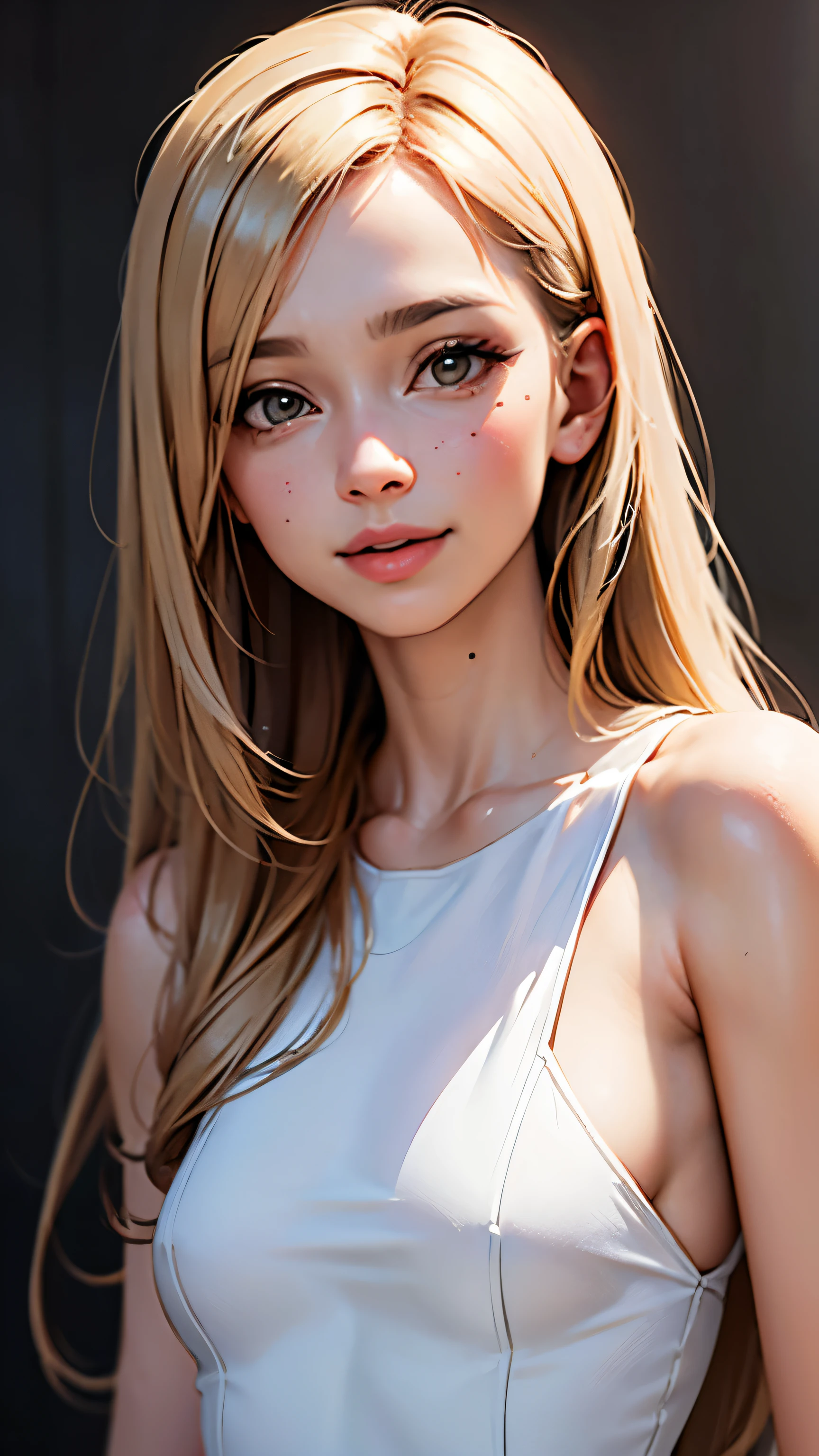 masterpiece, highest quality,In-person audience, upper body whole body,middle-aged women,Attitude of the Greek goddess, Melon Seed Face, ((long eyes)), mole under eye,Brown eyeballs, thin lips, blonde, very long hair, smile with your mouth closed,40 year old mature woman, self - portrait, simple background,white dress,