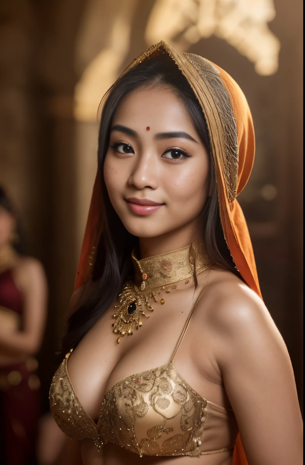 bellydancer, cleavage, 2girls, two beautiful young javanese and chinese girls with hijab and few soft freckles, mole below eyes, detail skin texture, smile, , dramatic light , Rembrandt lighting scheme, (hyperrealism:1.2), (8K UHD:1.2), (photorealistic:1.2), shot with Canon EOS 5D Mark IV, detailed face, detailed skin texture, 35mm, over-the-shoulder shot,cool-toned color grading, Deep Focus cinematography effect, Natural Lighting, high quality, ultra detail, 8k resolution,