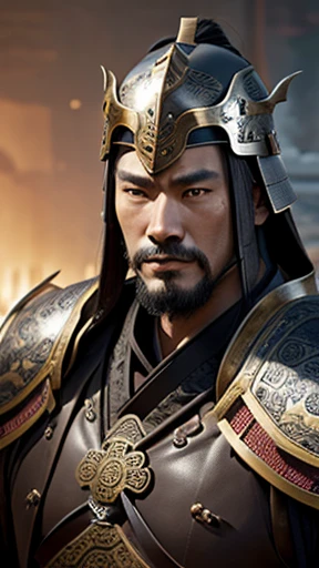 oriental、man in ancient chinese armor、Ancient Chinese man wearing a leather helmet、three kingdom、multiple warlords、highest quality、masterpiece、Super high resolution、(photorealistic:1.4)、Game Posters、Clear and beautiful image quality、