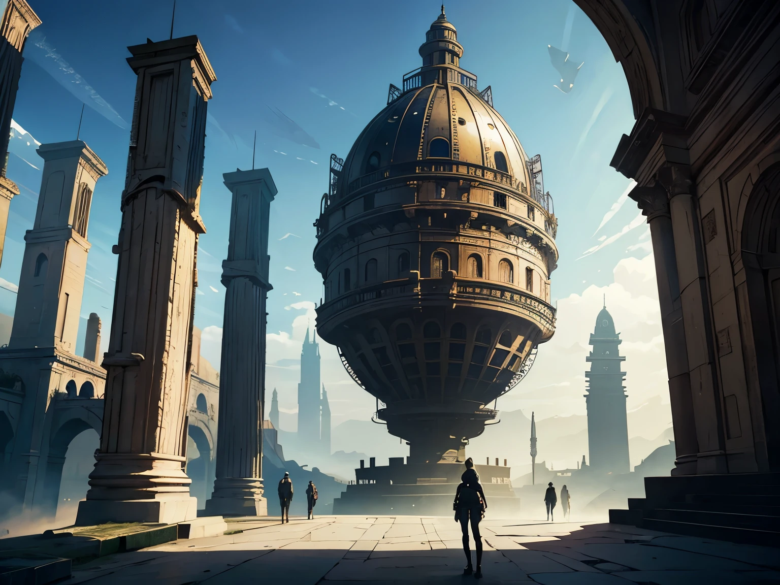Pierre Roy, Jim Burns, Surreal, mysterious, strange, fantastical, fantasy, Sci-fi, Japanese anime, ancient Roman spaceship, Piranesi's miniskirt beautiful girl, perfect voluminous body wide angles, detailed masterpiece