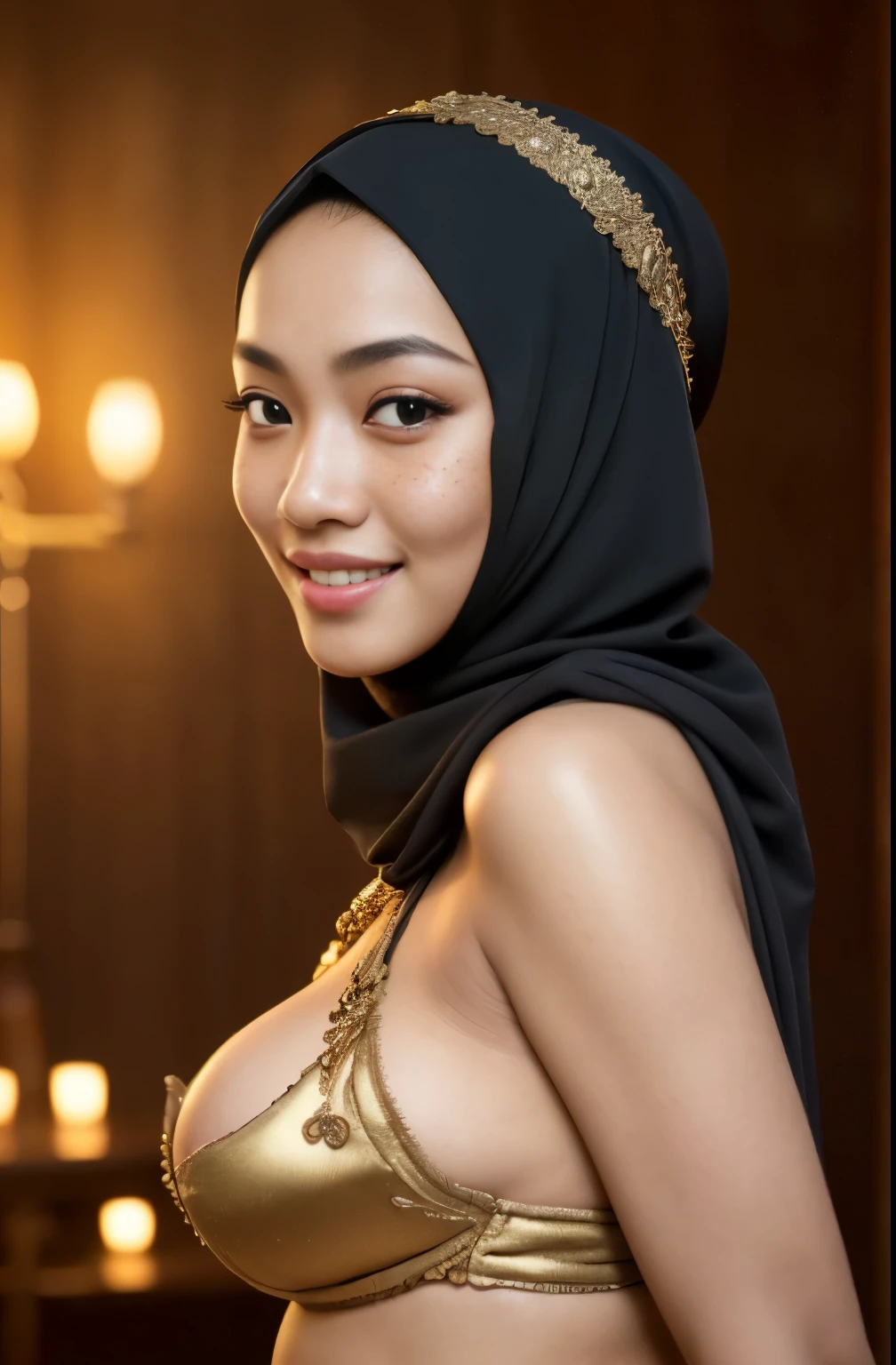 bellydancer, cleavage, 2girls, two beautiful young javanese and chinese girls with hijab and few soft freckles, mole below eyes, detail skin texture, smile, , dramatic light , Rembrandt lighting scheme, (hyperrealism:1.2), (8K UHD:1.2), (photorealistic:1.2), shot with Canon EOS 5D Mark IV, detailed face, detailed skin texture, 35mm, over-the-shoulder shot,cool-toned color grading, Deep Focus cinematography effect, Natural Lighting, high quality, ultra detail, 8k resolution,