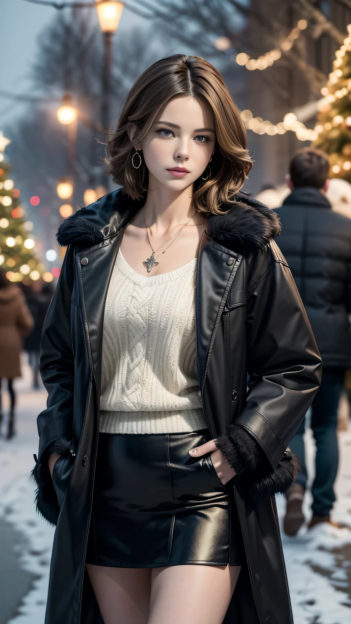 (Masterpiece, best quality, award winning, photorealistic, fashion photography :1.5), Photoshoot by DSLR camera with vivid color tone, sharp focus, 35mm. lens and f/2.8. close-up shot at night in Christmas festival, dark, shadowy, night time, A beautiful European female youth, pretty model, (Kate Beckinsale:0.9), delicate face, tall, perfect slim body, attractive slender body, beautiful eyes, no make-up, dark blonde messy short hairs. Wearing winter coat, skirt, pendant and earrings, standing in font of the big Christmas tree, smirking.