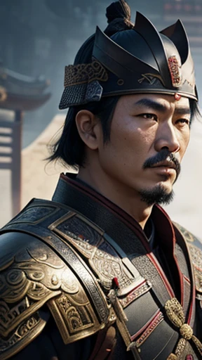 oriental、man in ancient chinese armor、Ancient Chinese man wearing a leather helmet、three kingdom、multiple warlords、highest quality、masterpiece、Super high resolution、(photorealistic:1.4)、Game Posters、Clear and beautiful image quality、