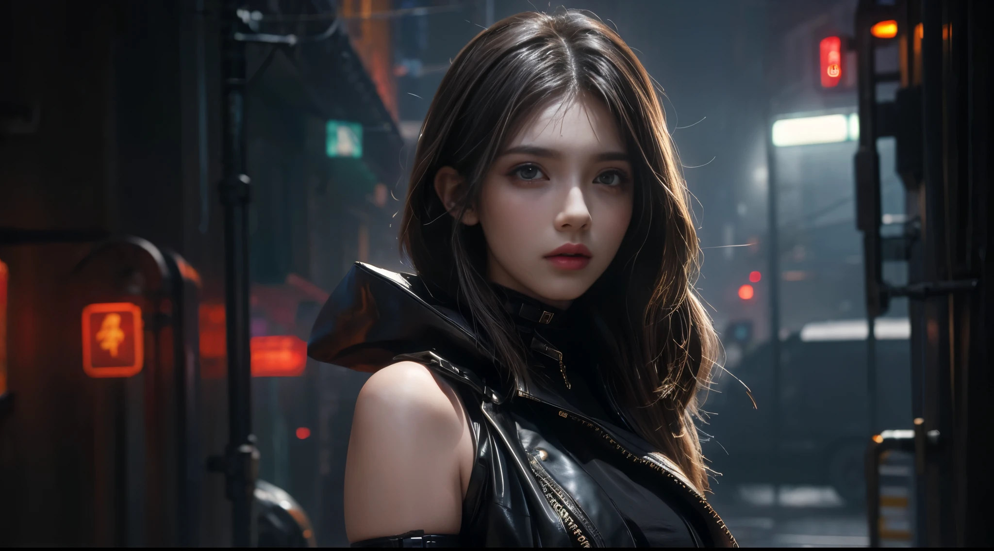 masterpiece，quality，Best quality，official art，（Beauty and aesthetics：1.2），（masterpiece：1.3），The cities of the future，cyberpunk characters，a girl，sexy leather clothes，Off the shoulders，looking at camera，（close lens：1.8），volume fog，rain，night，dramatic